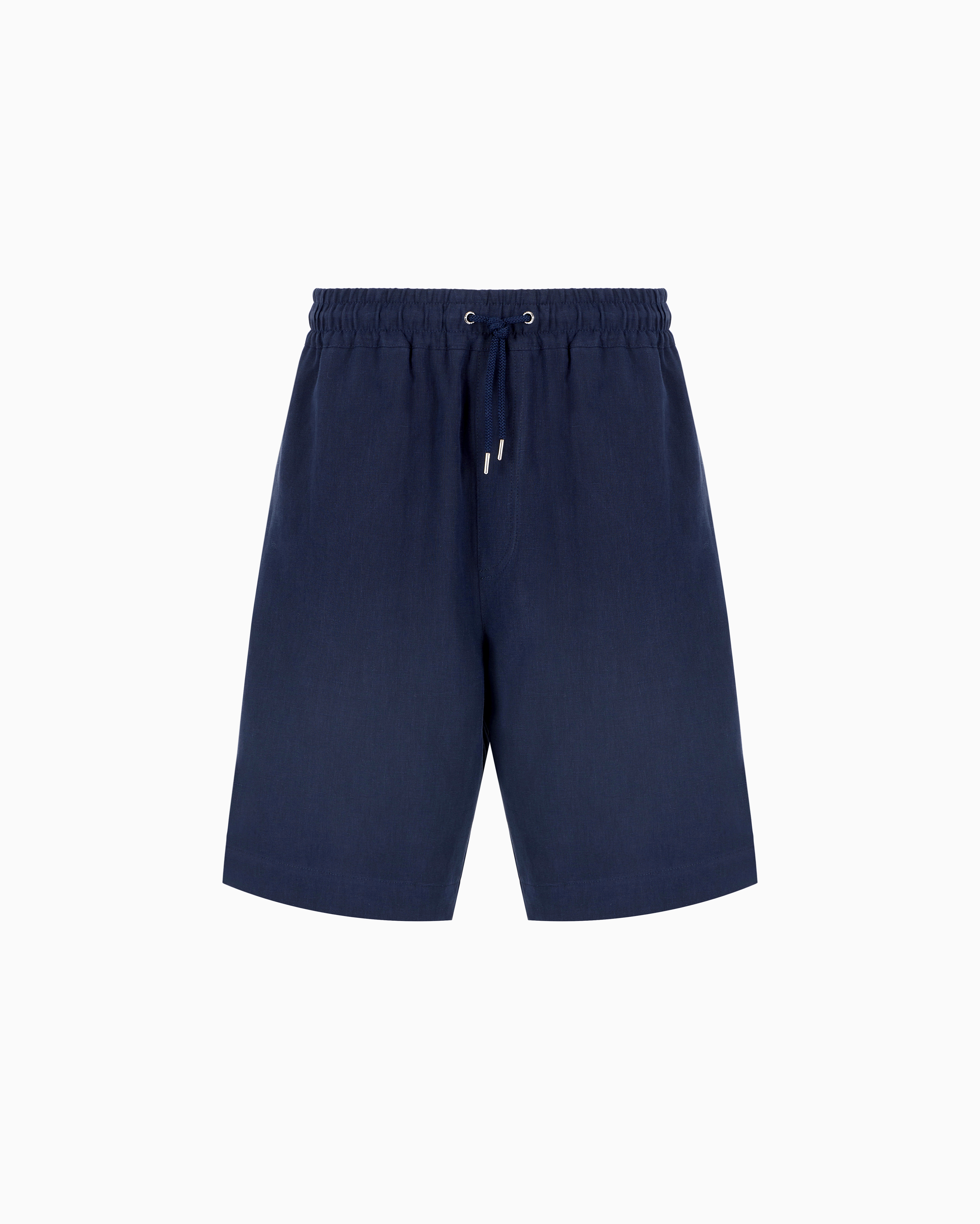 Giorgio Armani Linen Canvas Flat-front Bermuda Shorts In Blue
