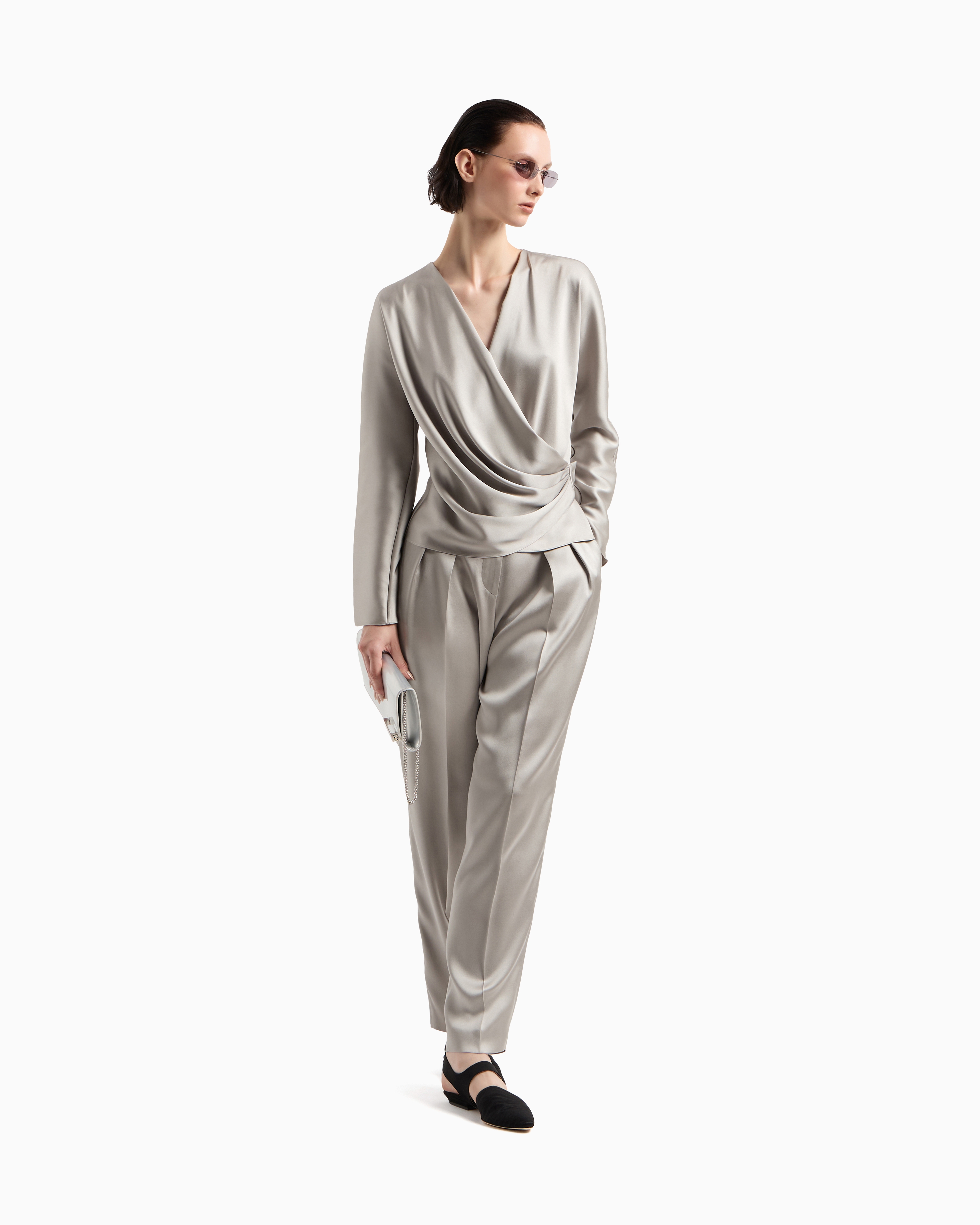 Giorgio Armani Grey Double Silk Satin Trousers In Grey