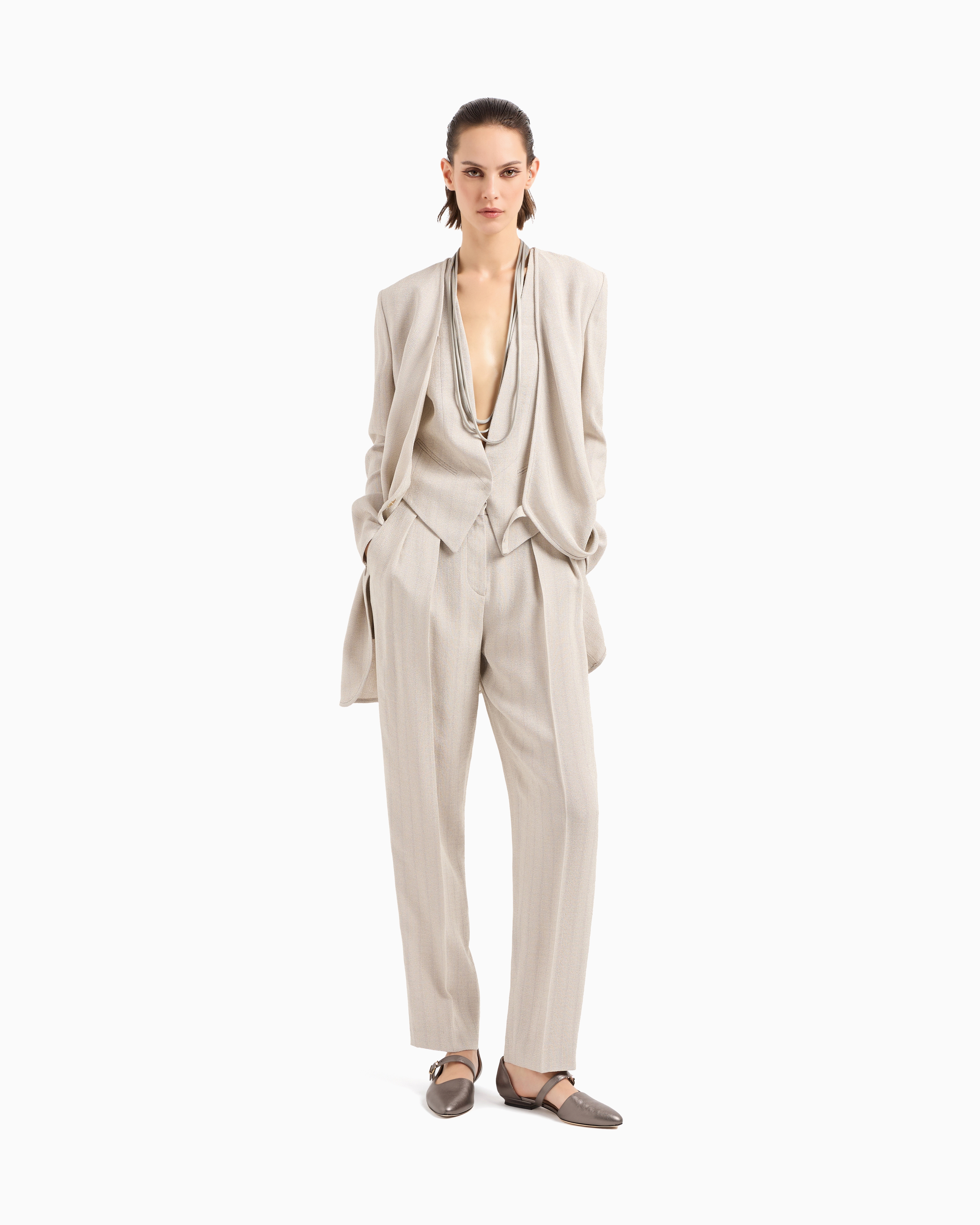 Giorgio Armani Long Single-breasted Jacket In Armure Viscose Crêpe In Grey
