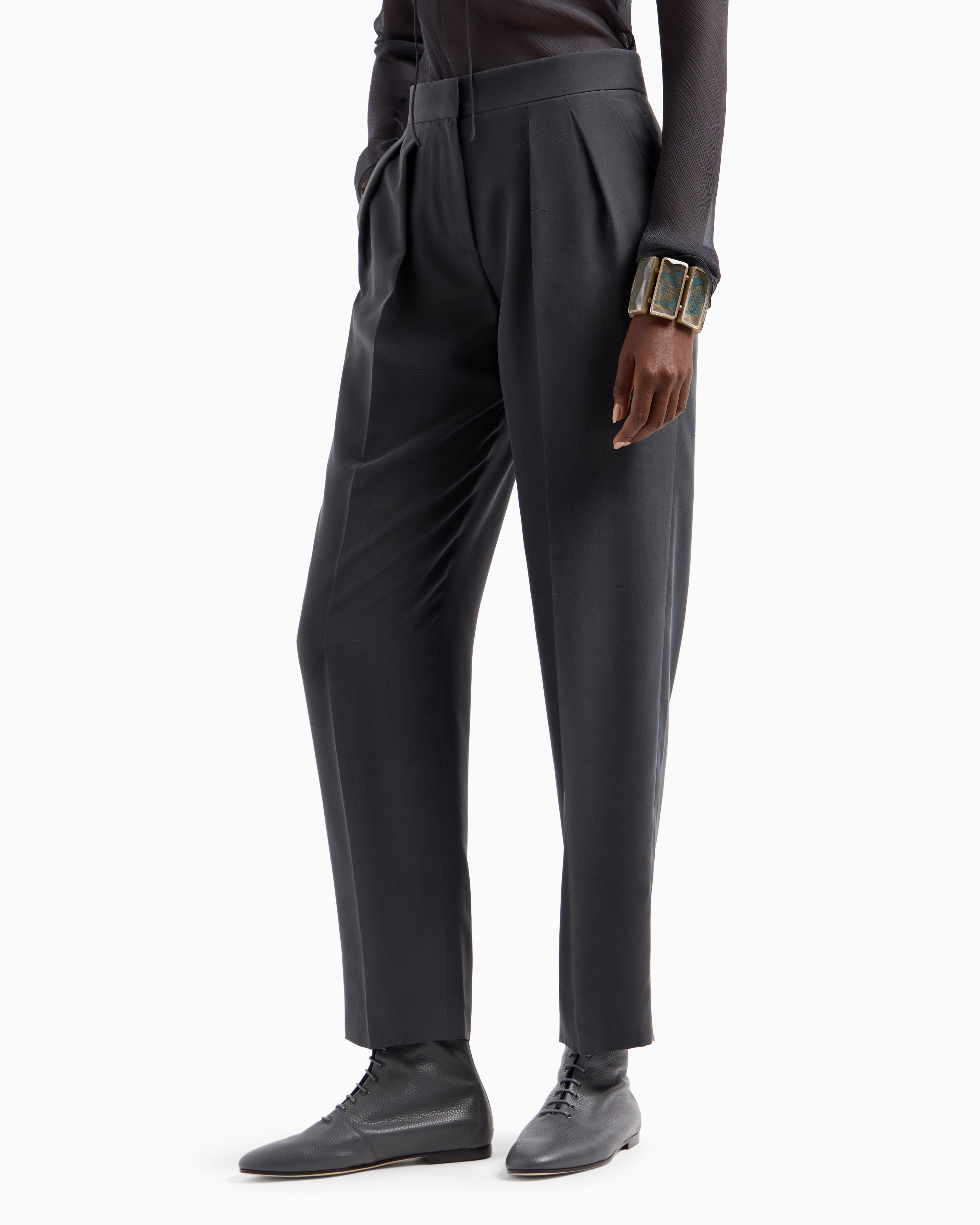 Giorgio Armani Double-pleat, Silk-shantung Trousers In Gray