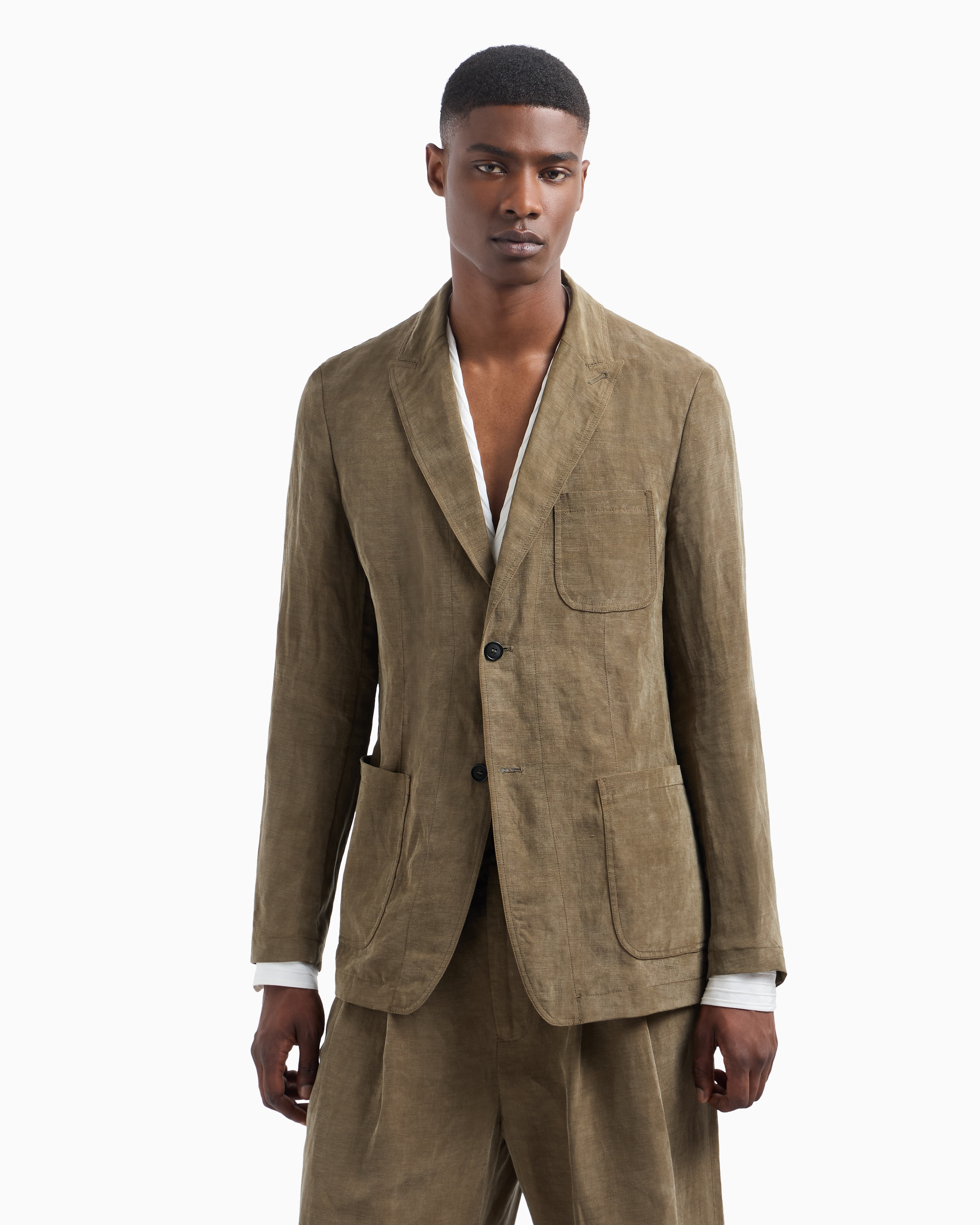 Giorgio Armani Lyocell And Linen Single-breasted Jacket In Green