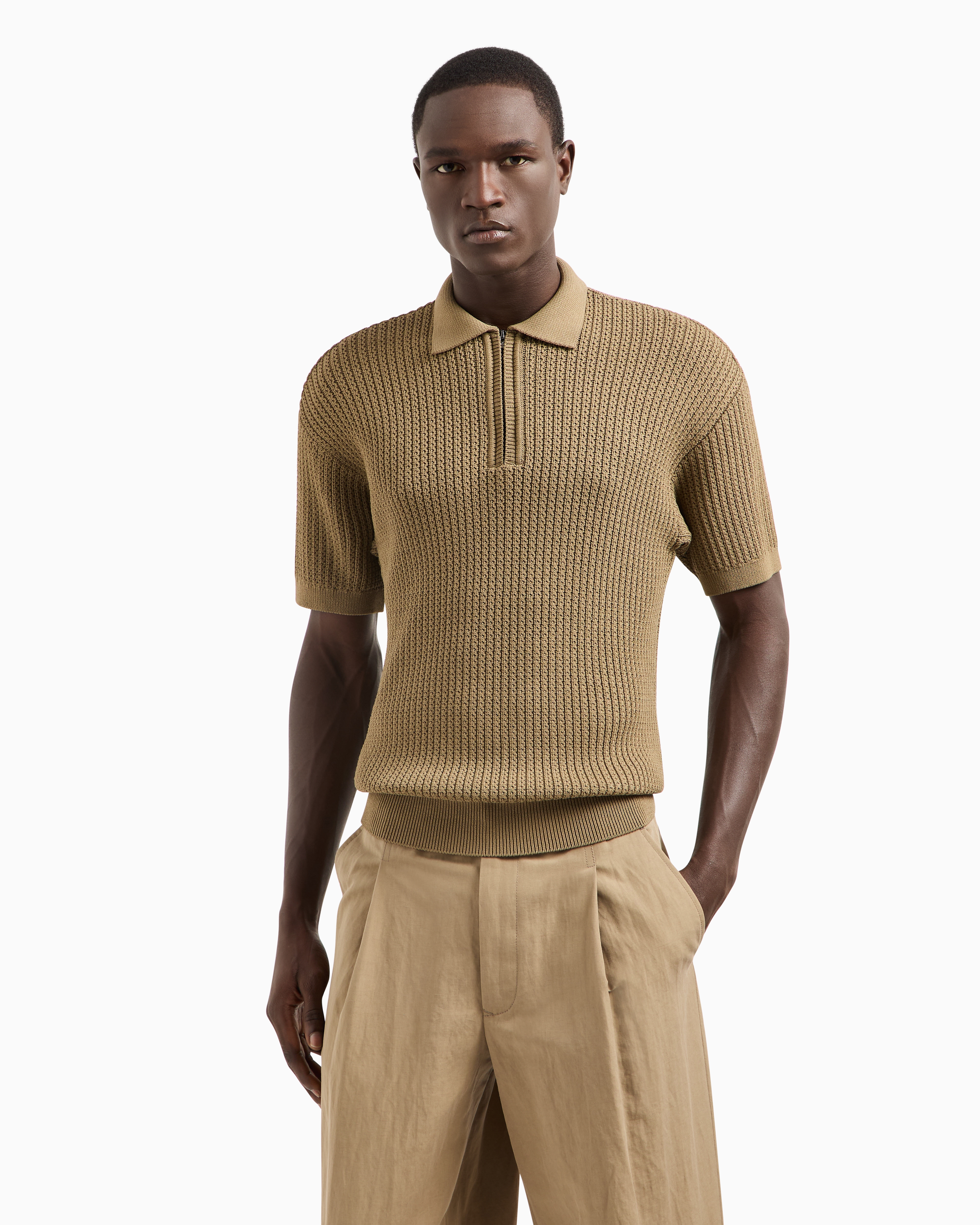 Giorgio Armani Short-sleeved Polo Shirt In A Ribbed Viscose Blend