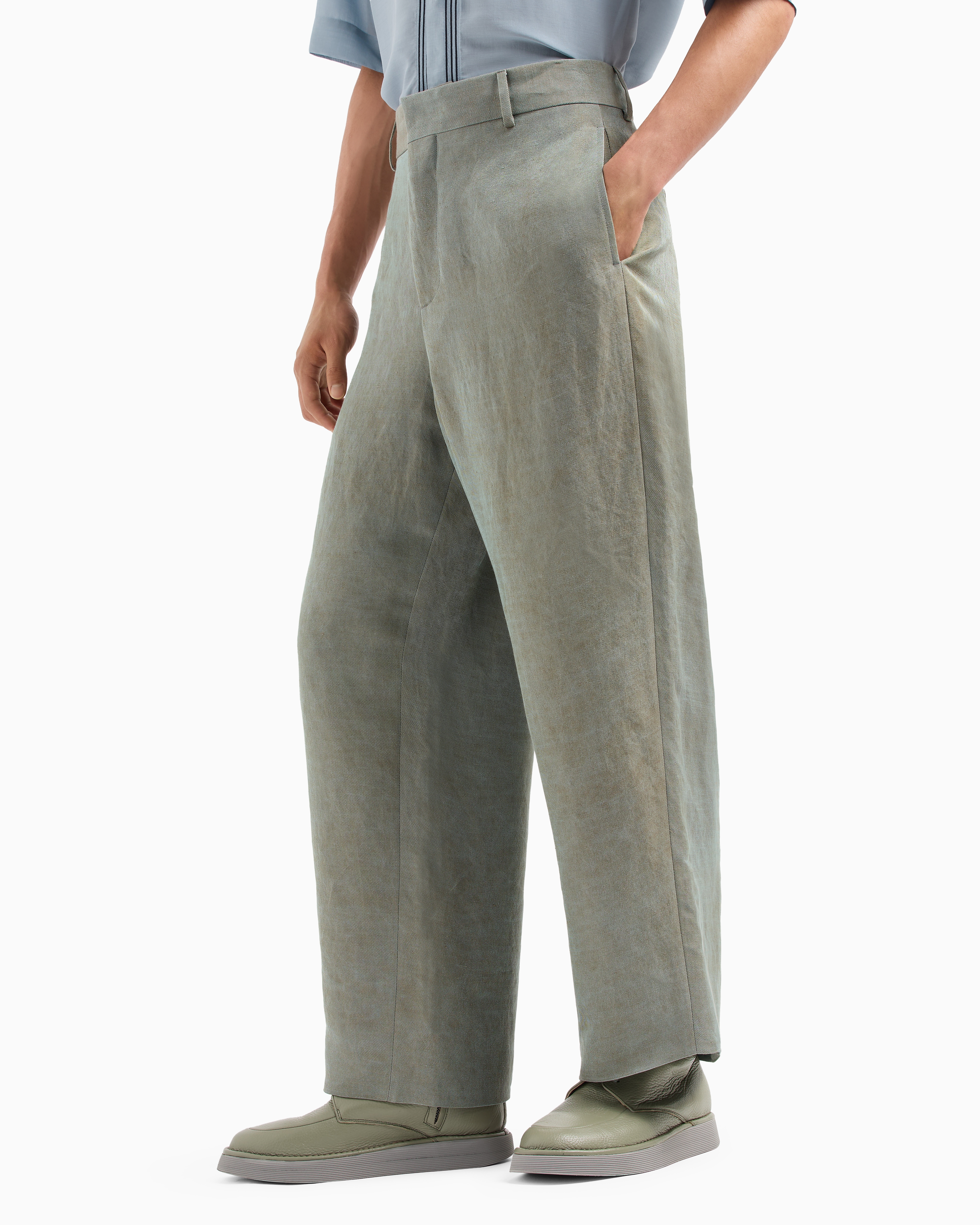 Giorgio Armani Flat-front Trousers In Iridescent Linen Twill In Gray