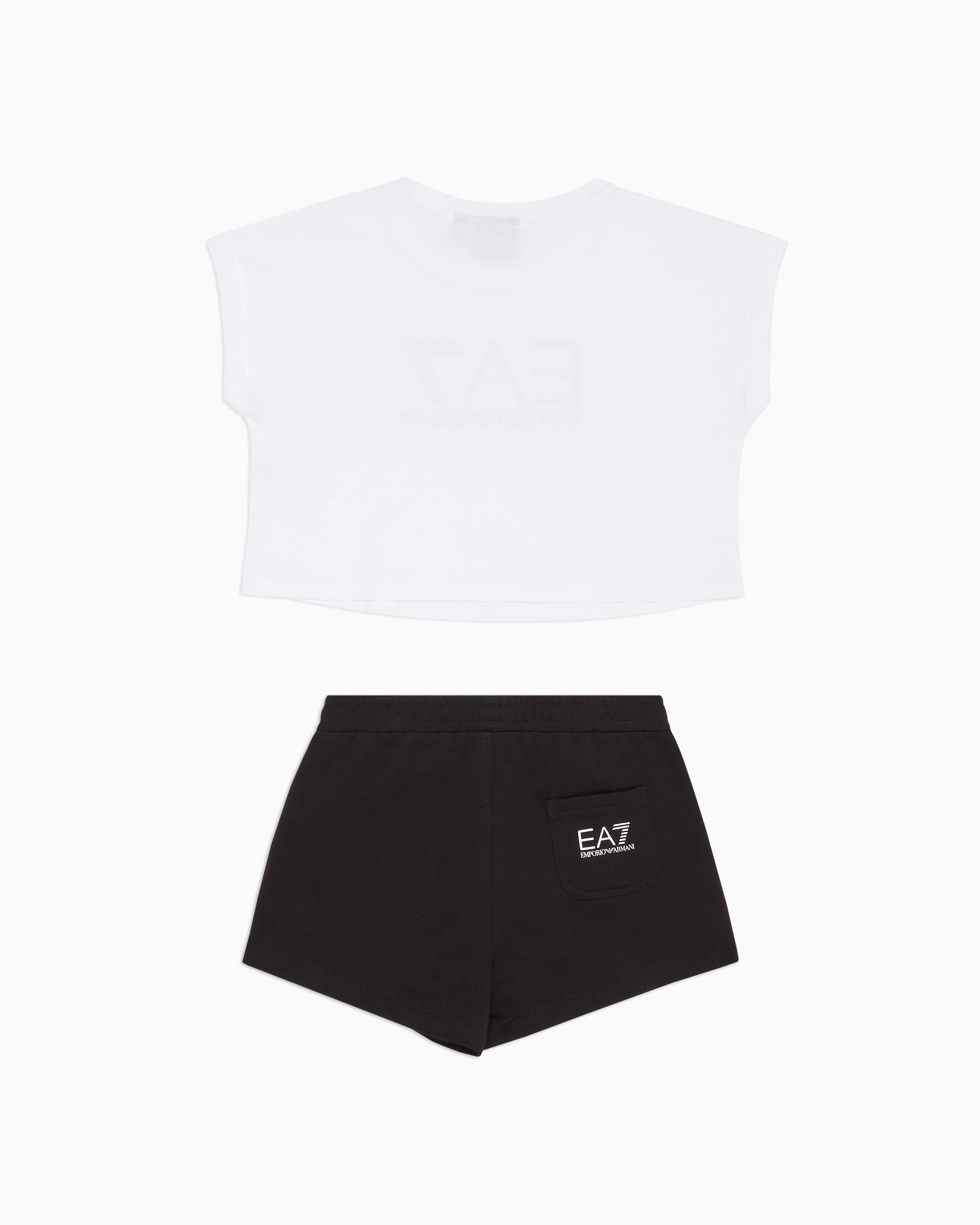 Ea7 Logo Series Girl Cotton T-shirt And Shorts Set In Two-tone