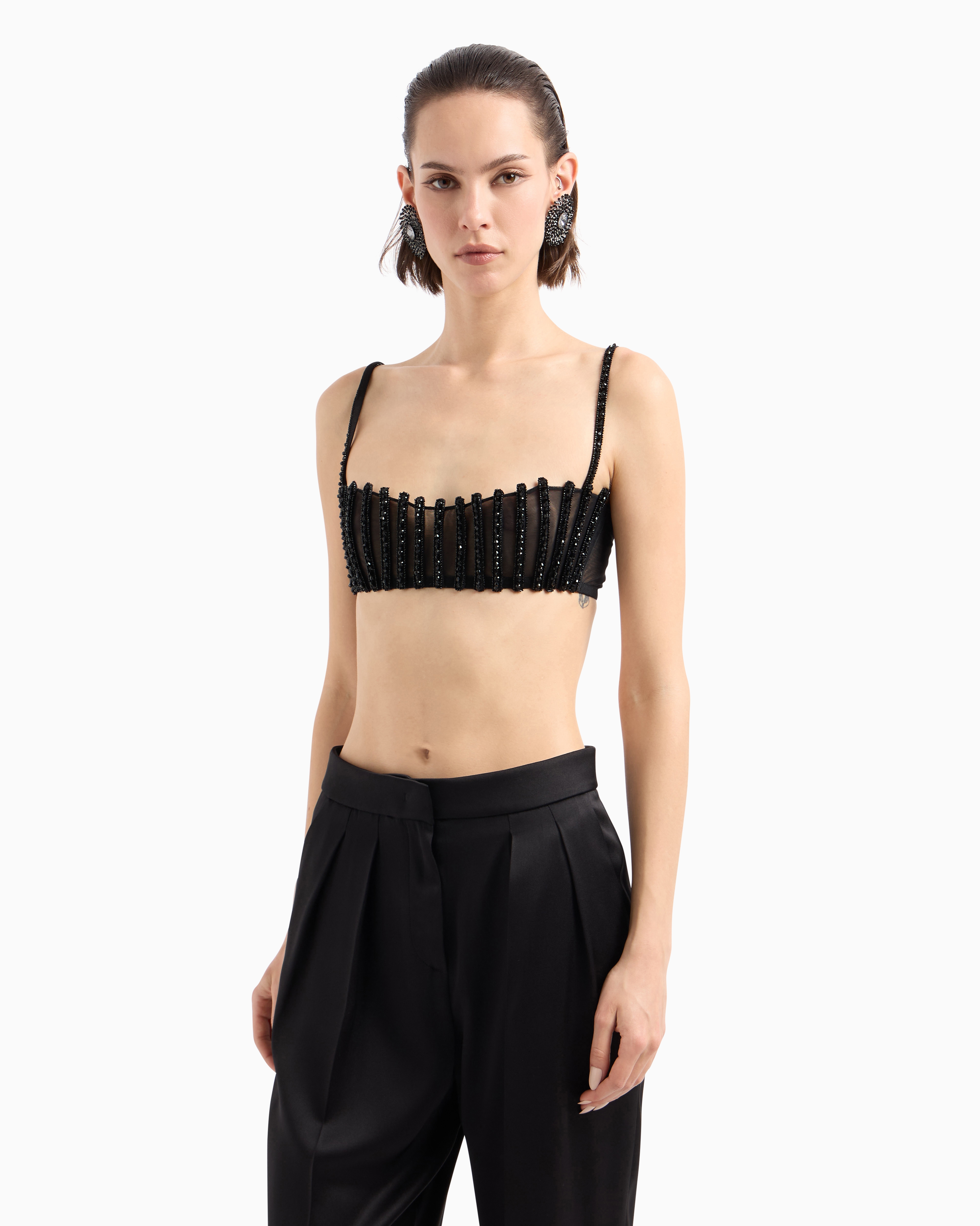 Giorgio Armani Embroidered Stretch Tulle Bandeau Top