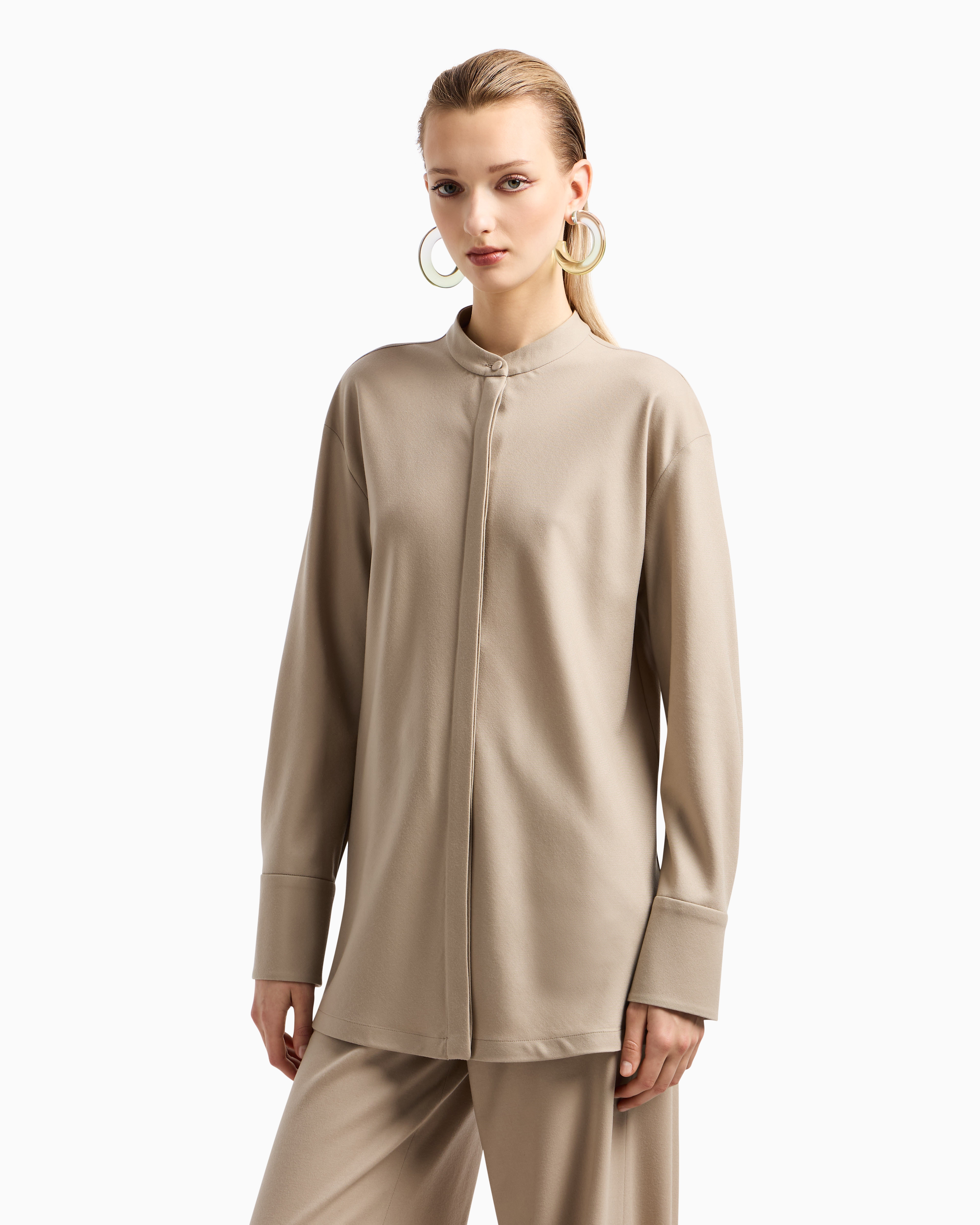 Giorgio Armani Long-sleeved Fluid Wool Shirt In Neutral