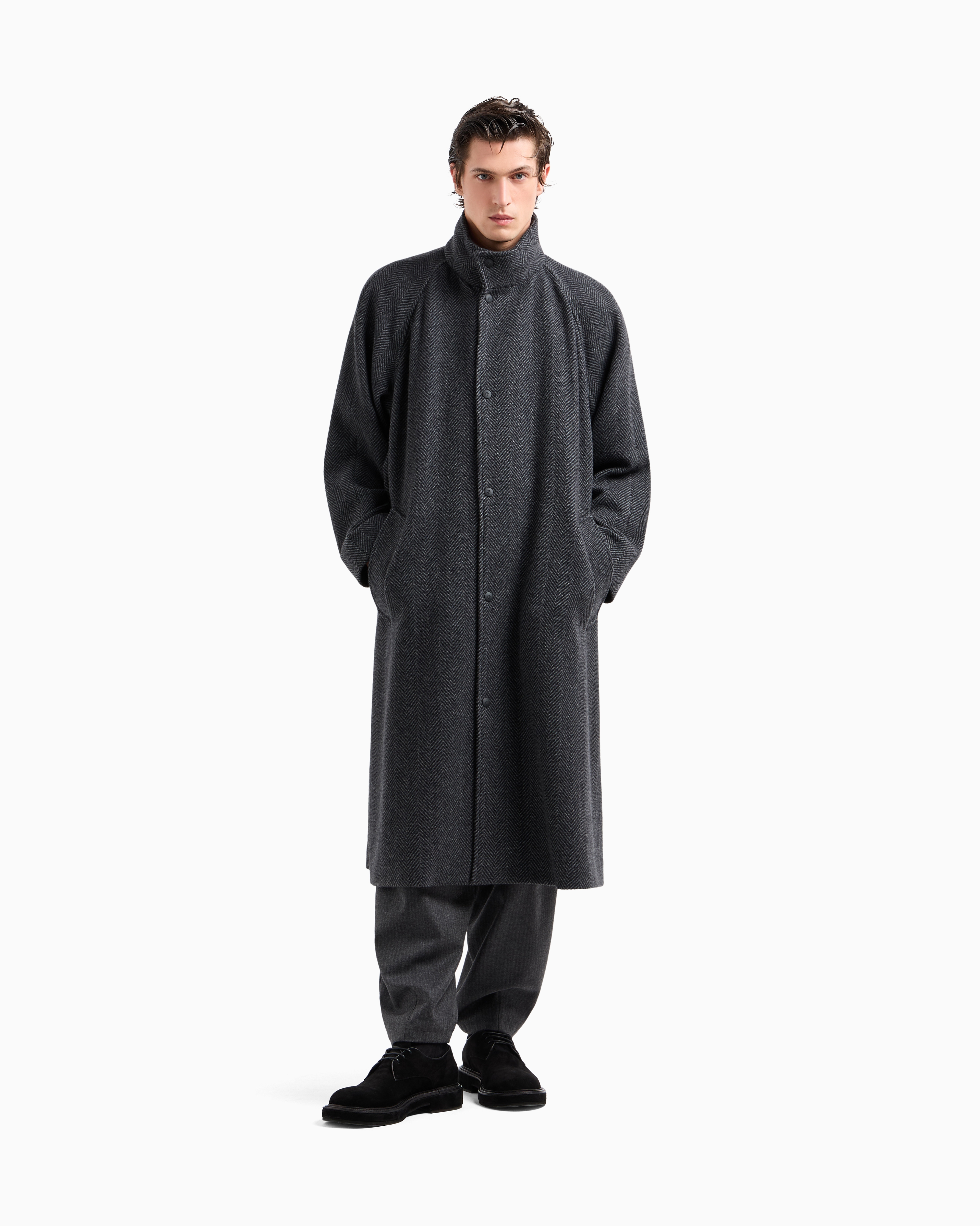 GIORGIO ARMANI LONG COAT IN CHEVRON JACQUARD CASHMERE-BLEND CLOTH