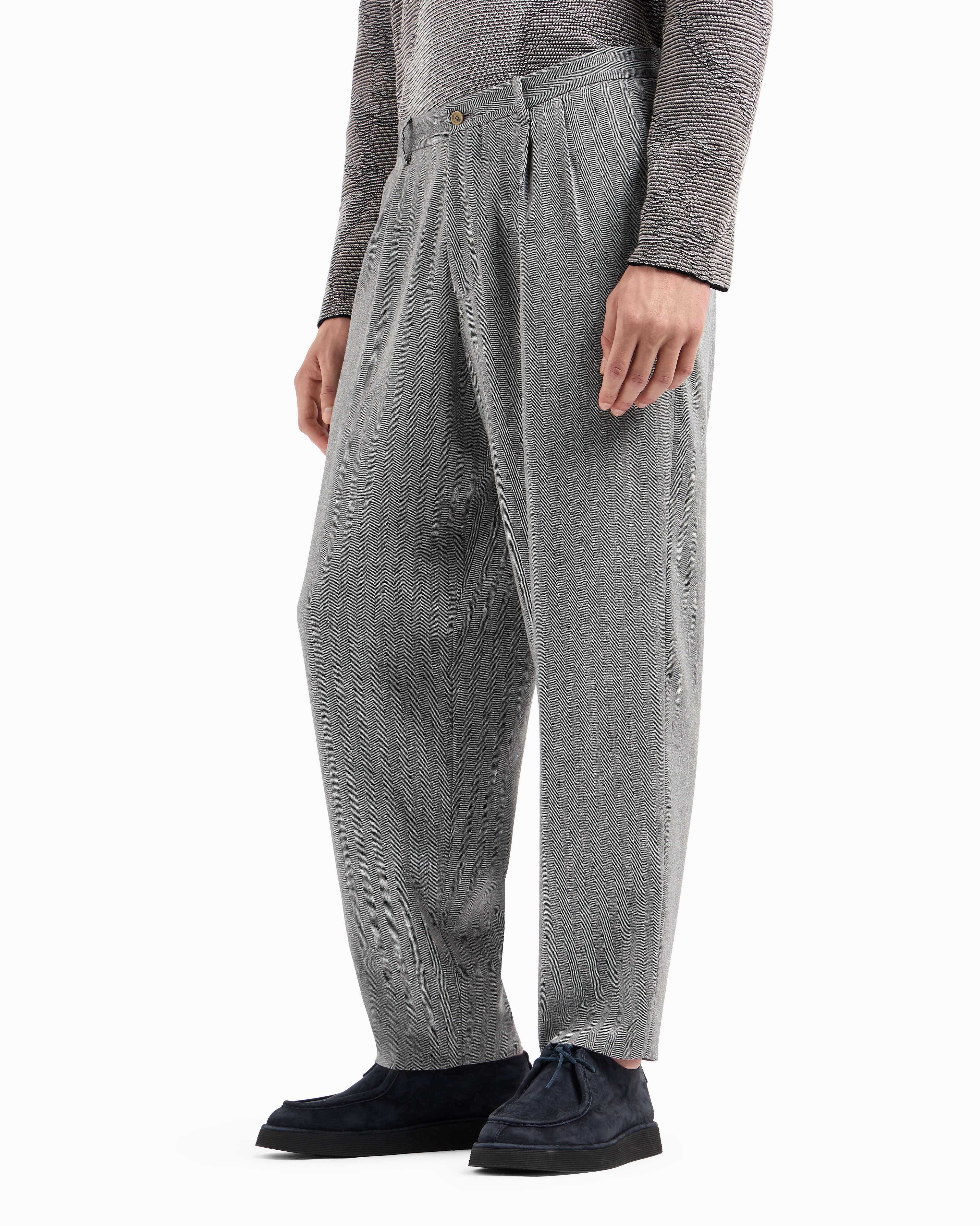 Giorgio Armani Double-pleat Trousers In Chevron Linen And Virgin Wool
