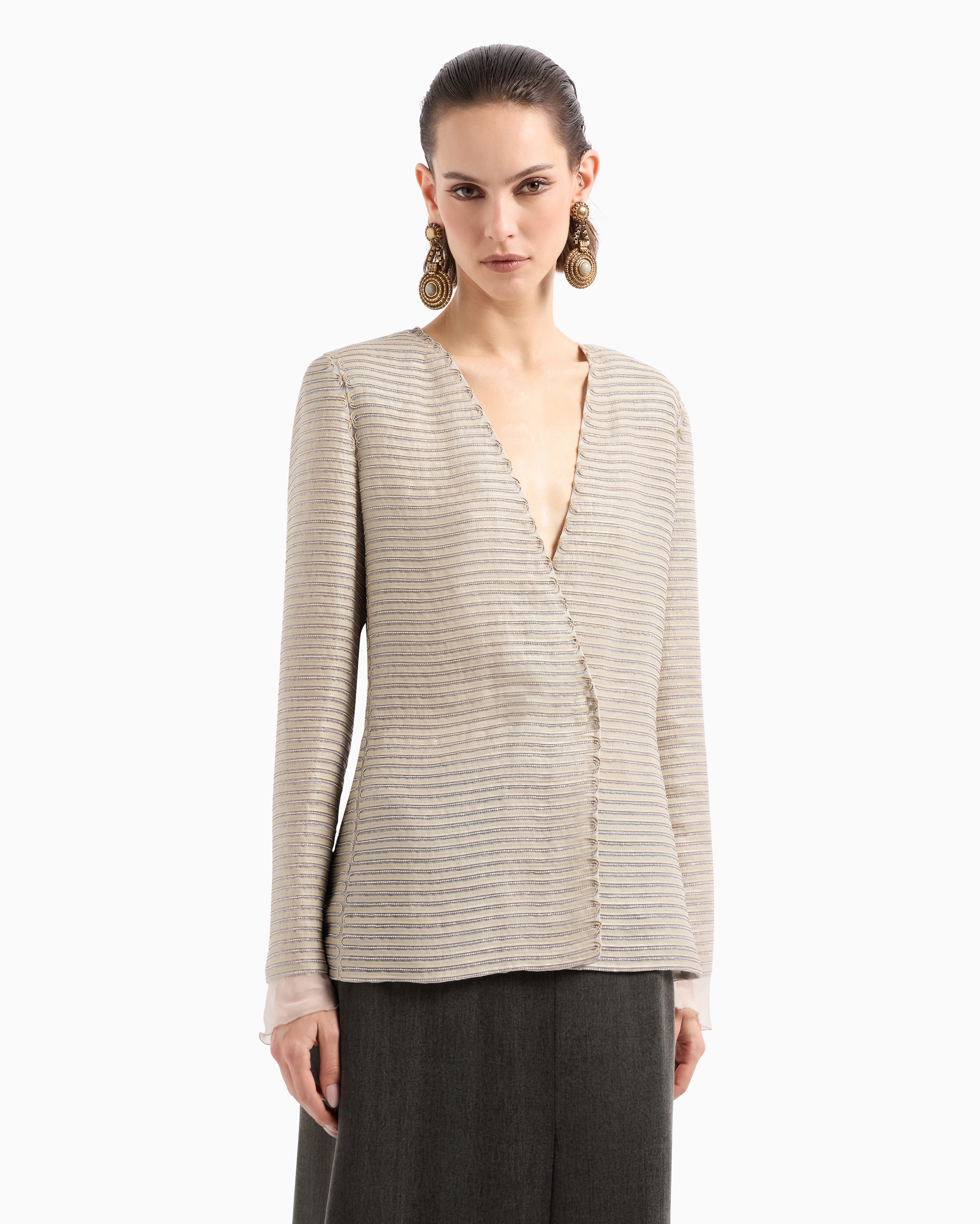 Giorgio Armani Single-breasted Jacket In Silk Chiffon With Embroidered Suede Webbing