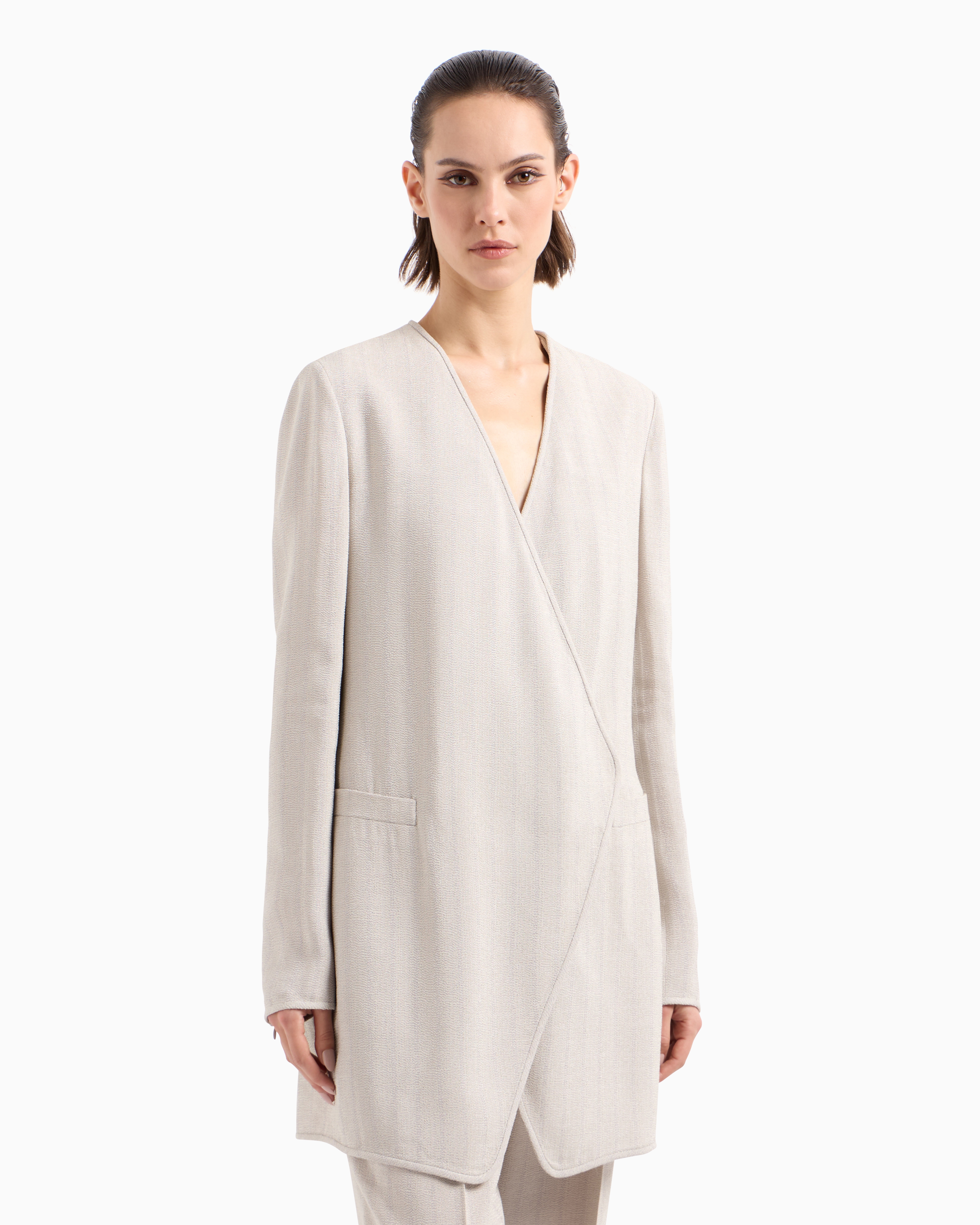 Giorgio Armani Long Single-breasted Jacket In Armure Viscose Crêpe In Grey