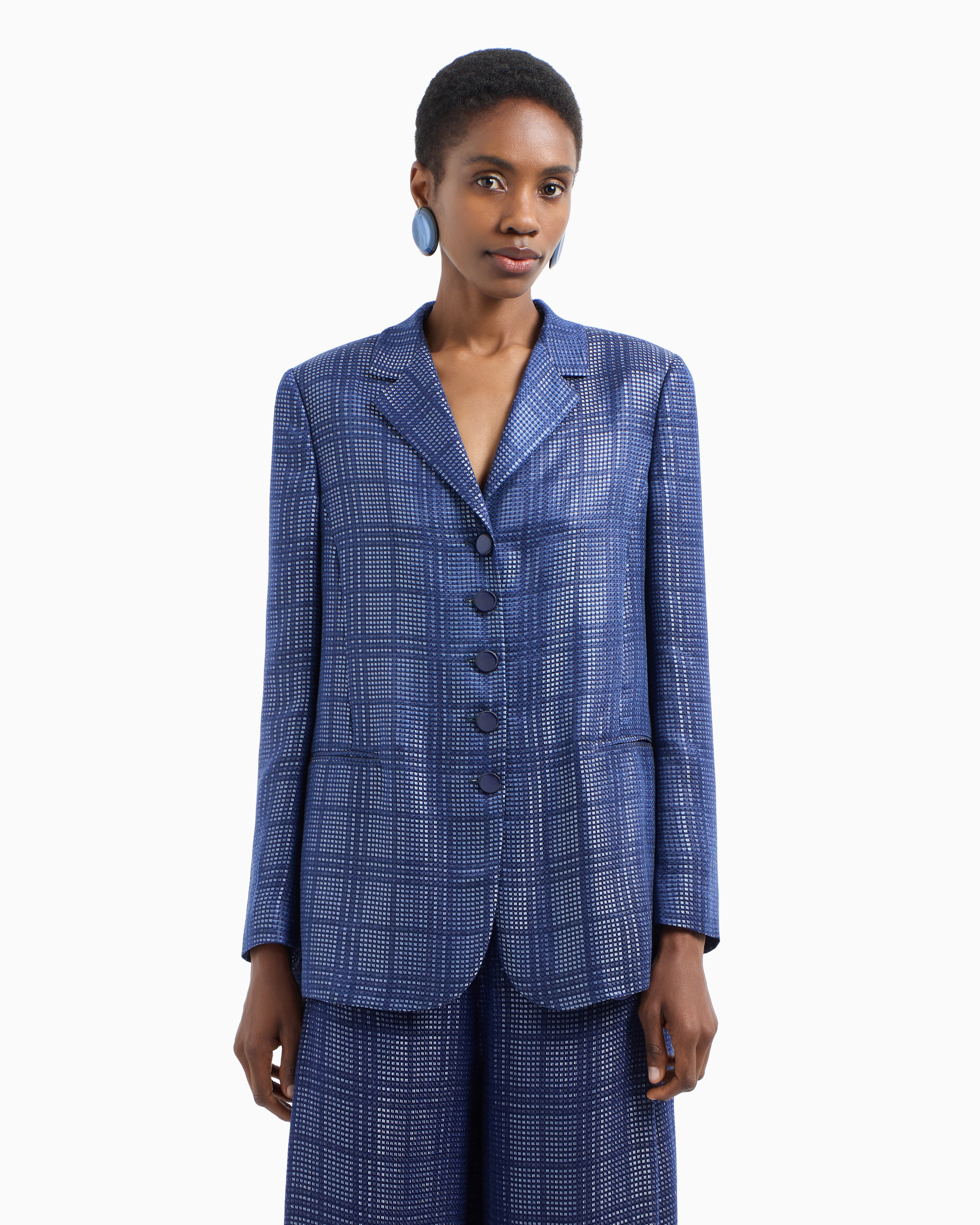 Emporio Armani Cupro-blend Single-breasted Blazer With Check Motif In Blue