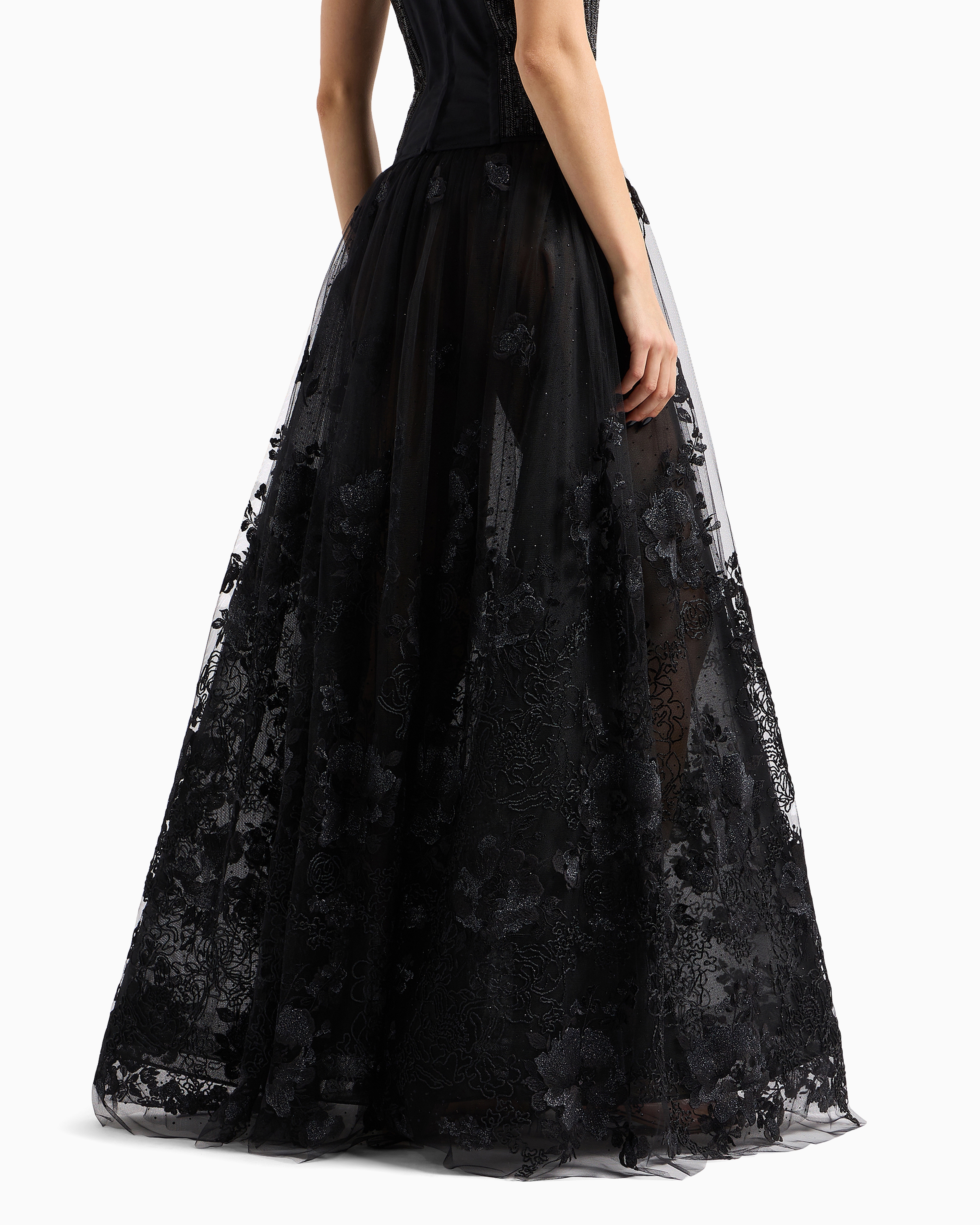 Giorgio Armani Long Skirt In Tulle And Embroidered Lace In Black