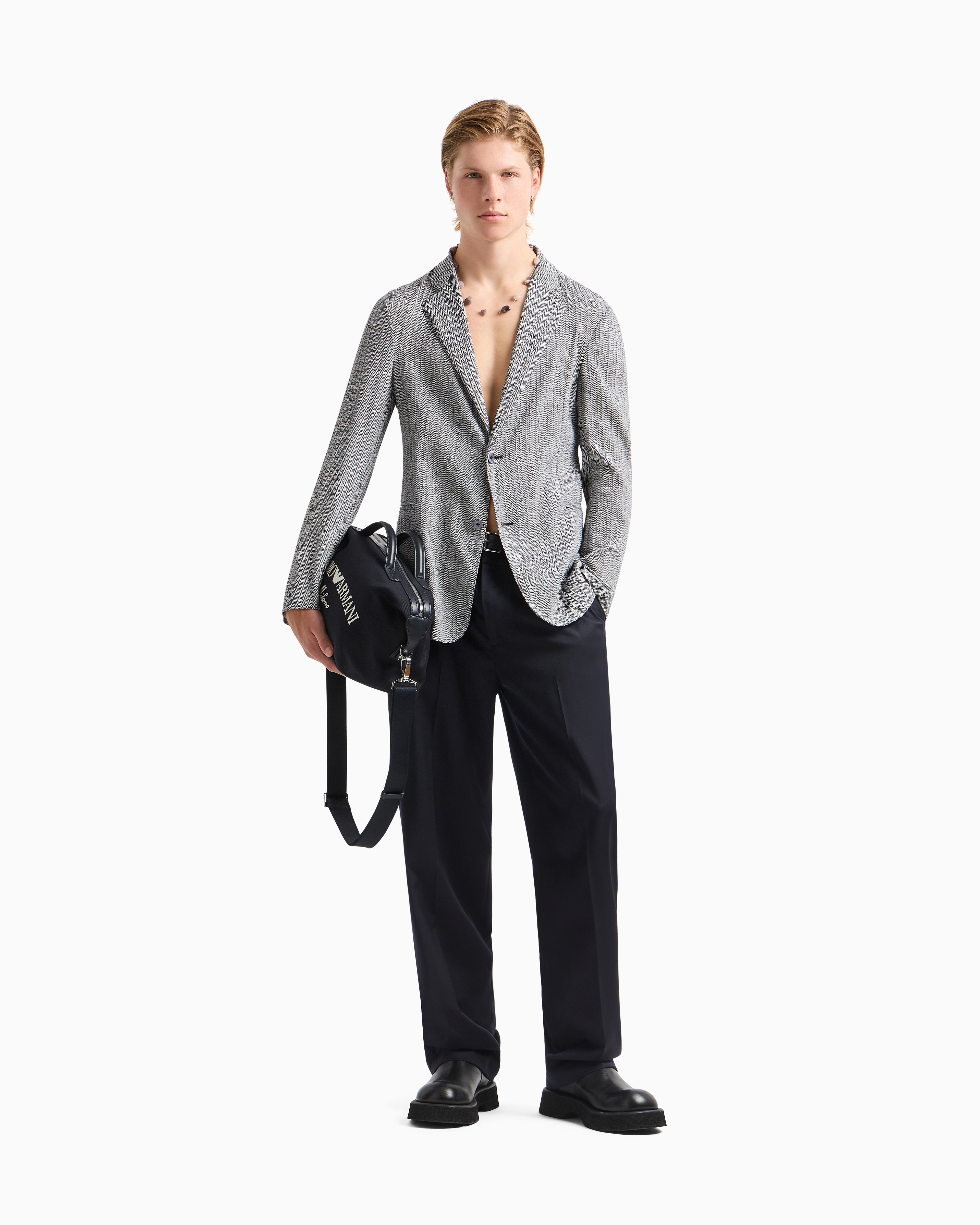 Emporio Armani Einreihiger Blazer Aus Seersucker-gewebe Mit Fischgrat-print In Grau