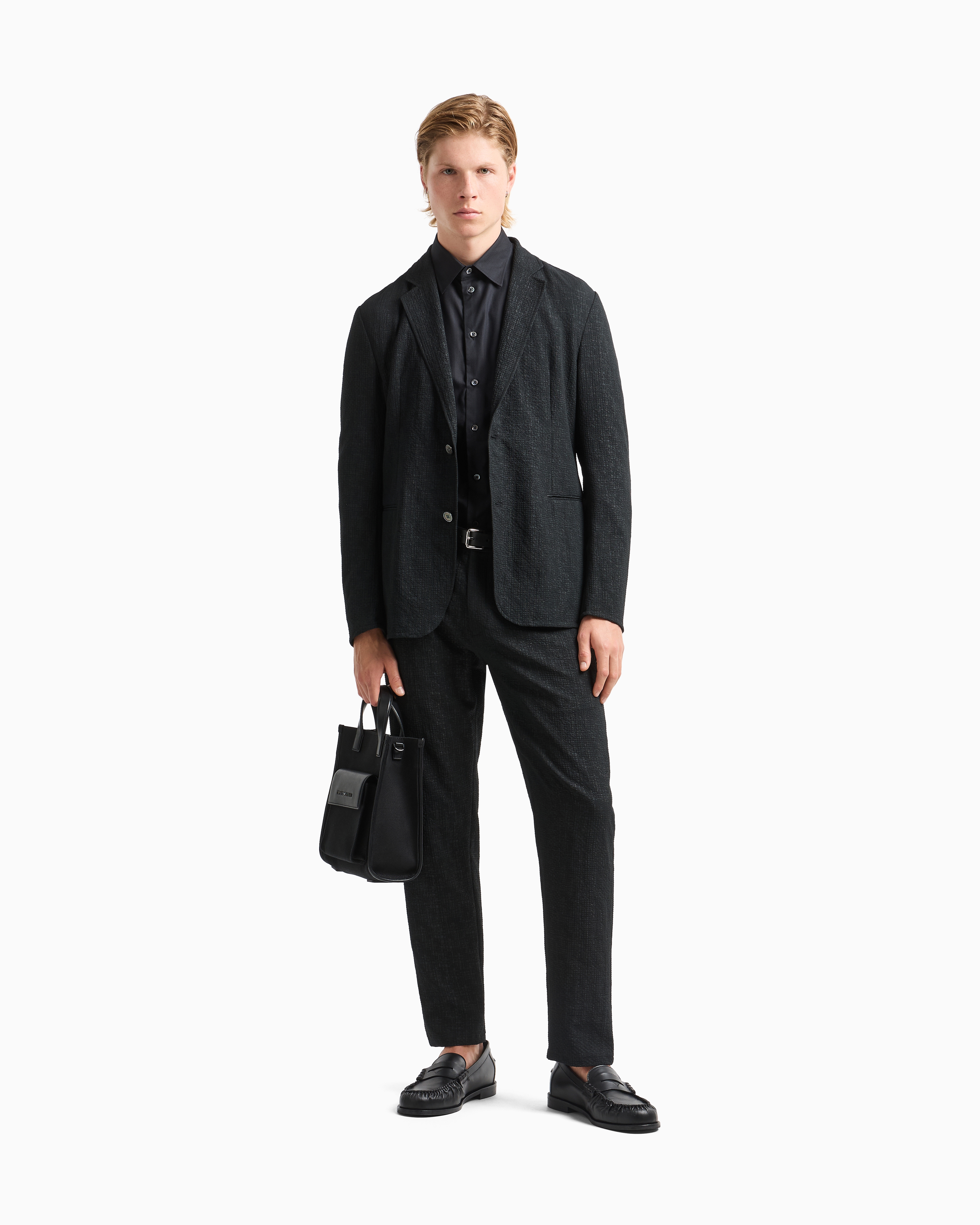 Emporio Armani Wave Motif Jacquard Cotton Shirt In Blue