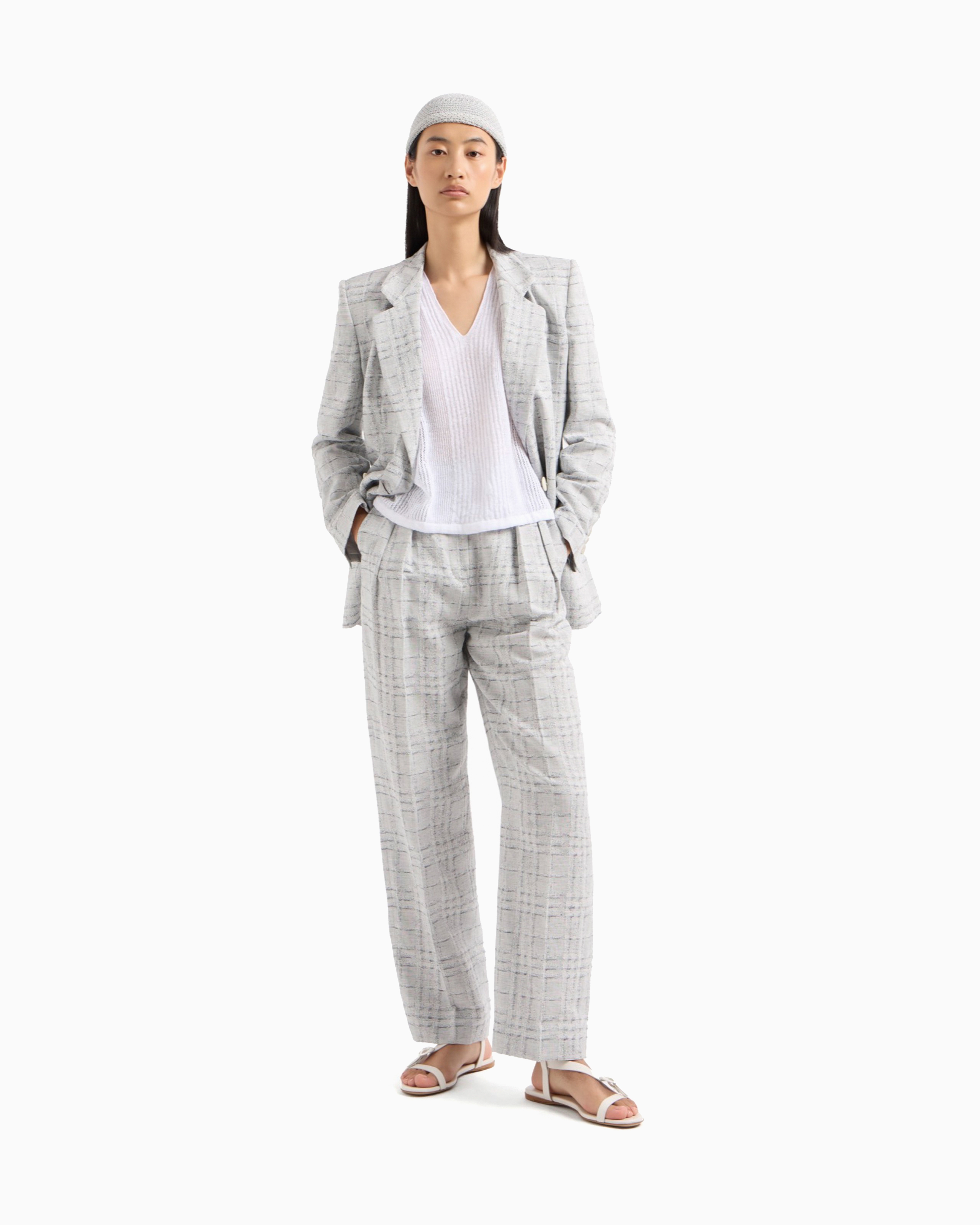 Emporio Armani Icon Check-motif Linen-blend Trousers With Pleats In Grey