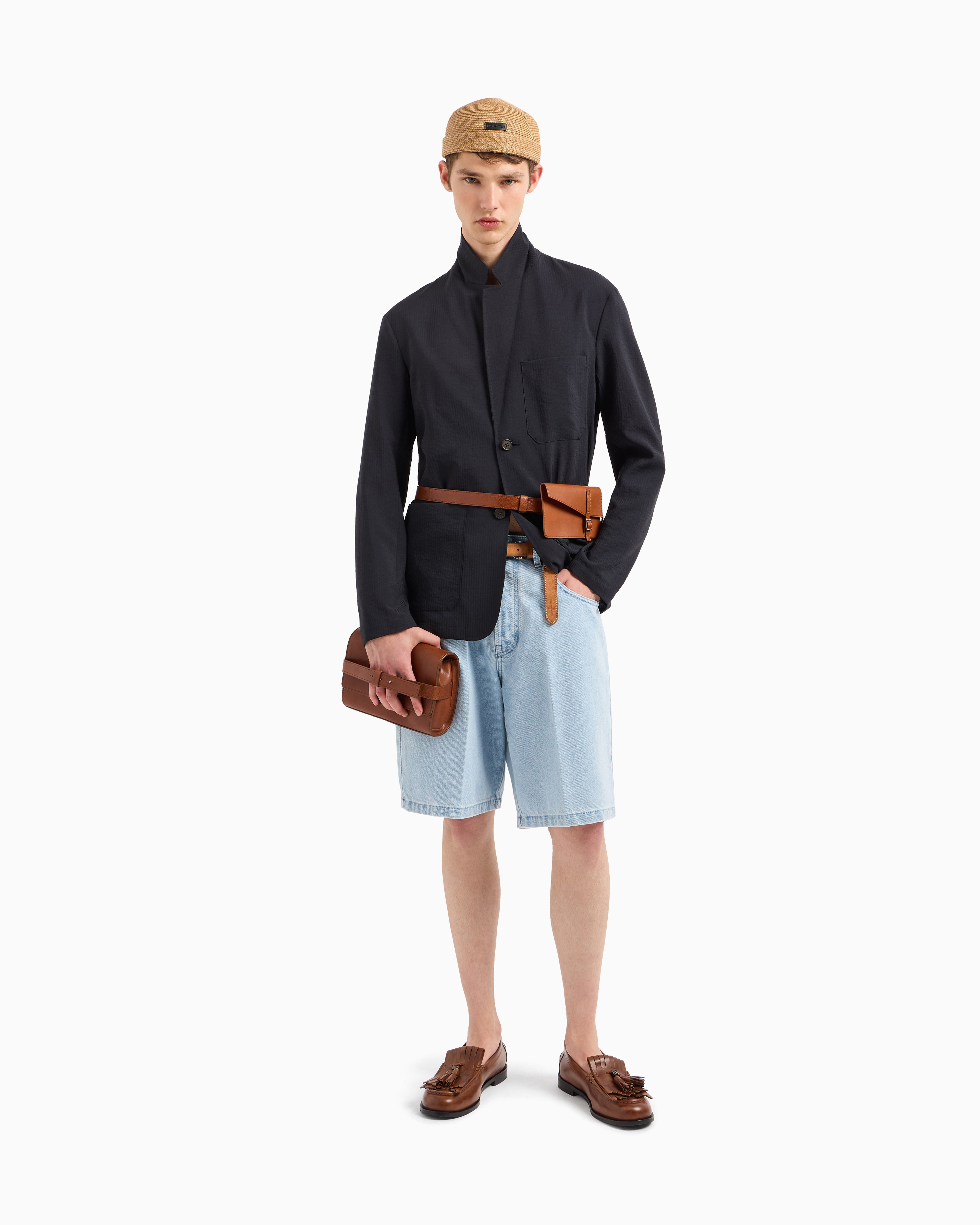 Emporio Armani Single-breasted Jacket In Nylon Seersucker In Navy Blue