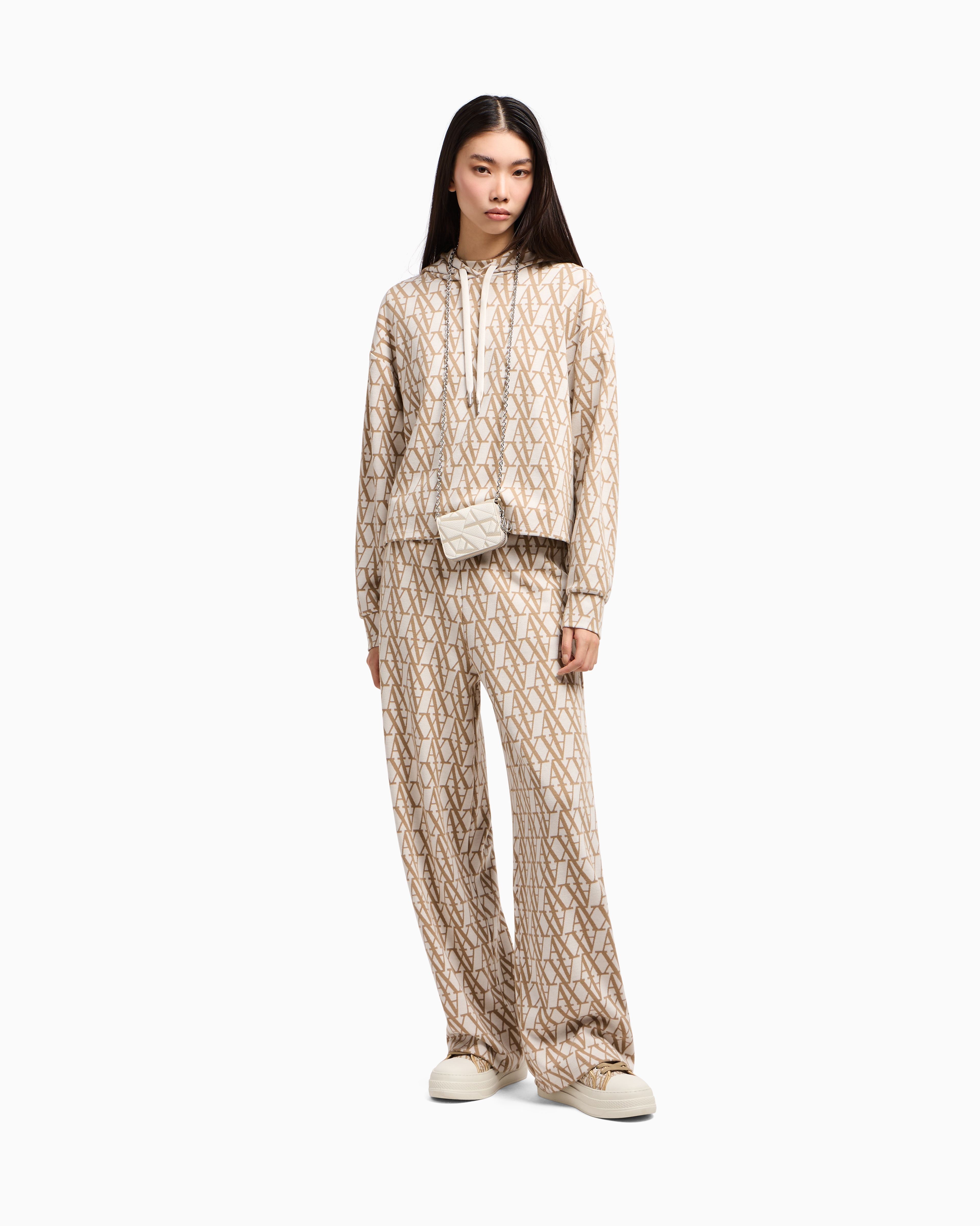 Armani Exchange Wide-leg Jacquard Trousers With Allover Logo In White