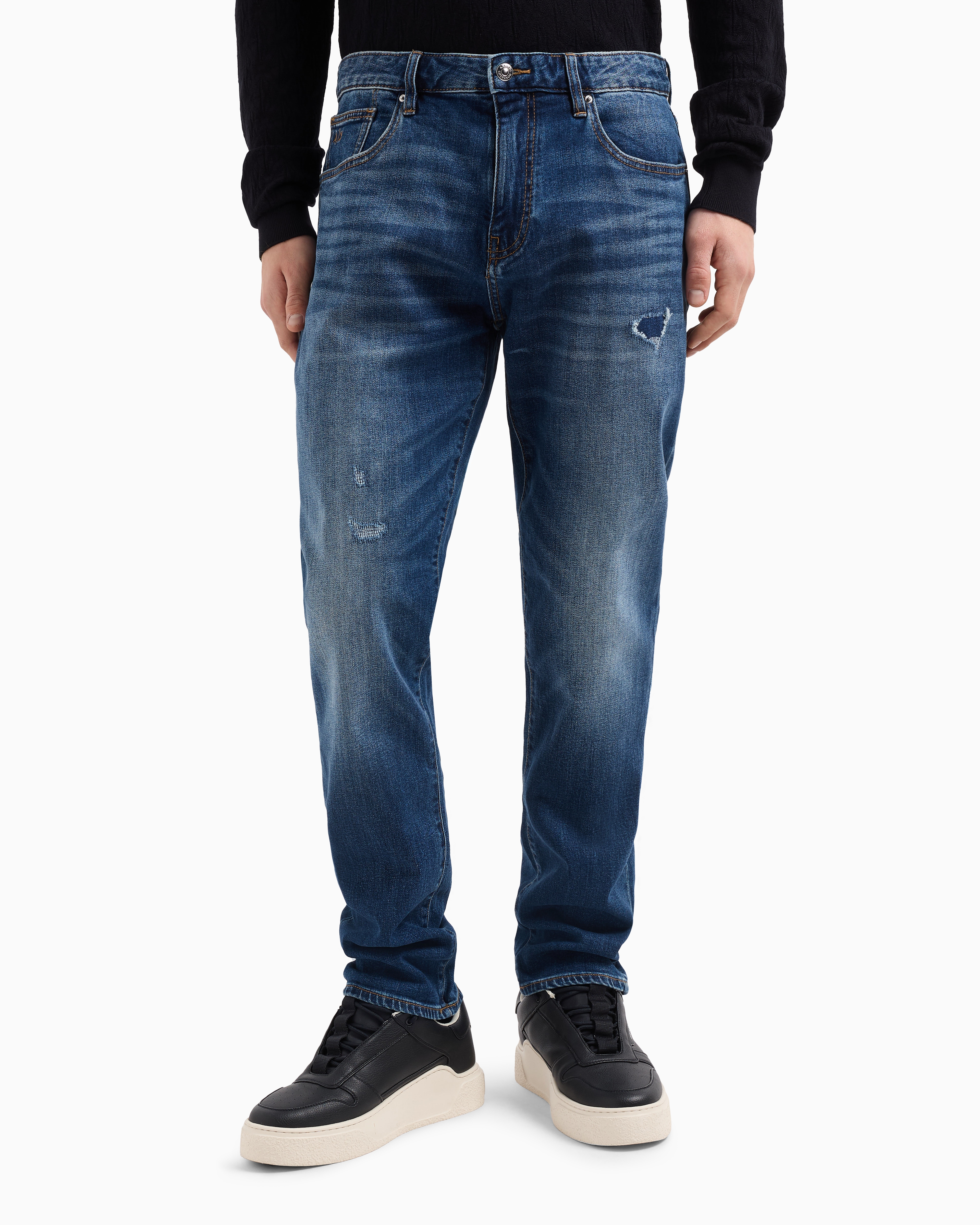 Armani Exchange - J13 slim fit jeans stone washed cotton denim with rips, Man, Blue, Size: