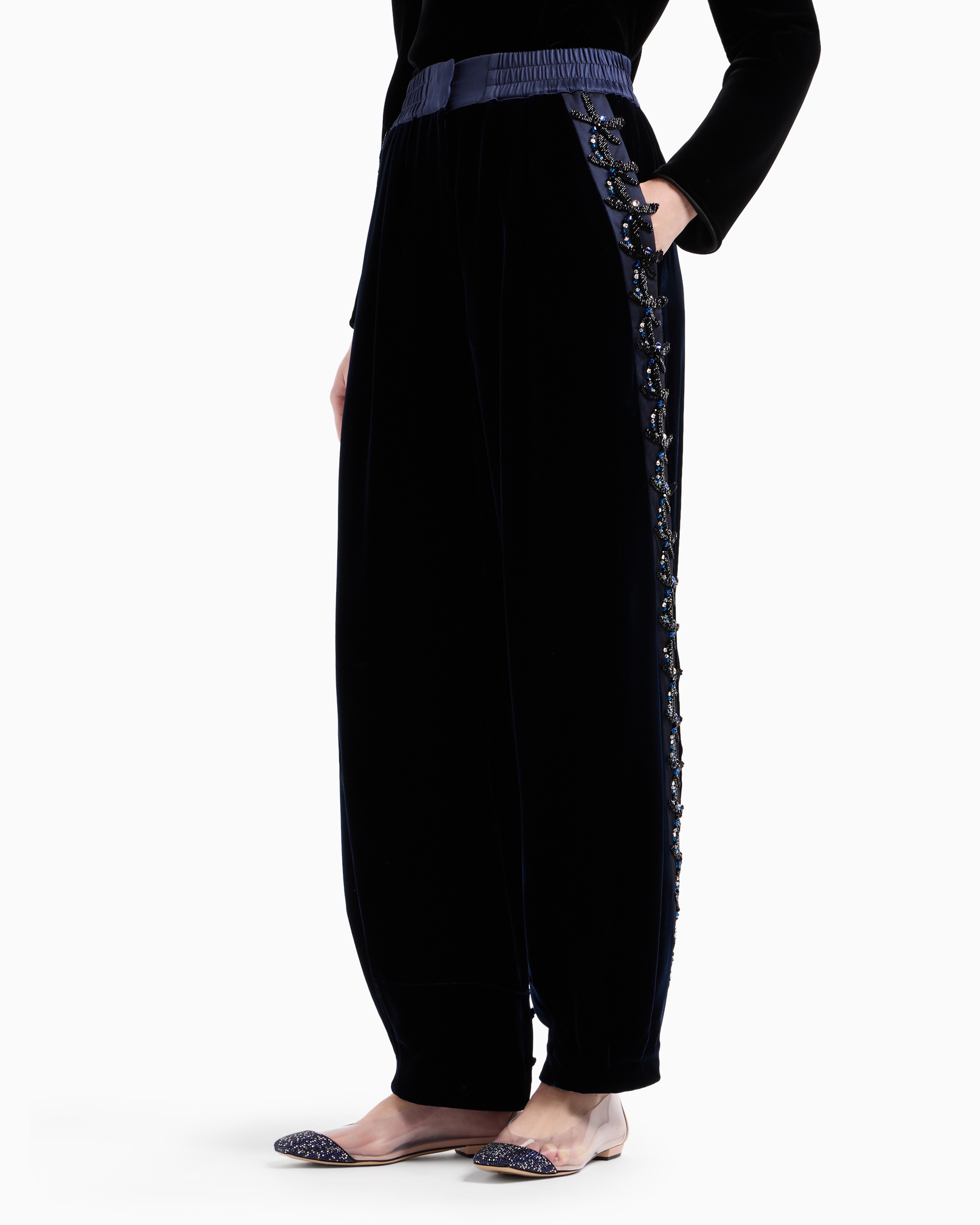 Giorgio Armani Velvet Trousers With Dragonfly Embroidery In Black