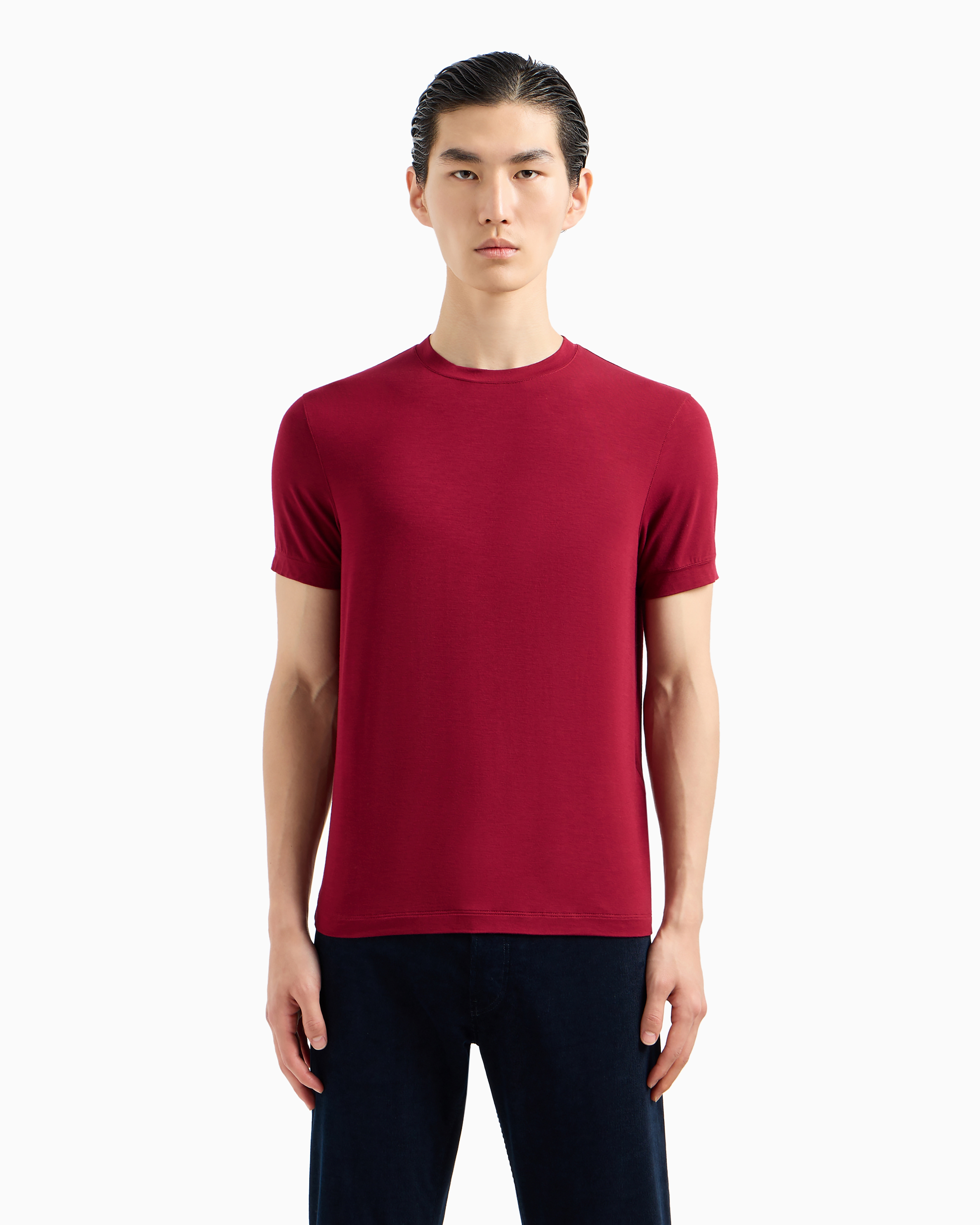 Crew-neck short-sleeved T-shirt in stretch viscose jersey