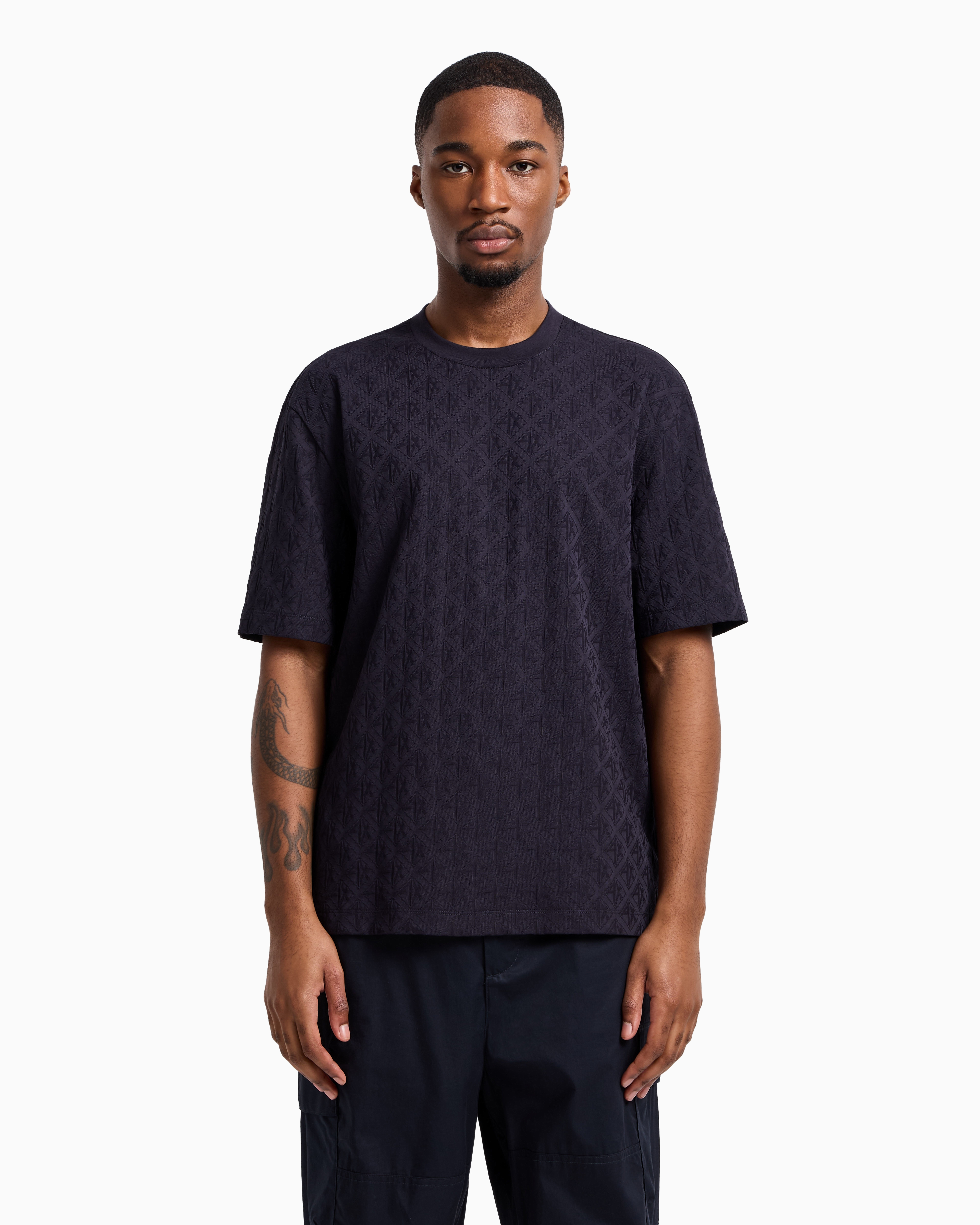 Armani Exchange - Regular fit cotton T-shirt with tone-on-tone allover logo, Man, Navy Blue, Size:
