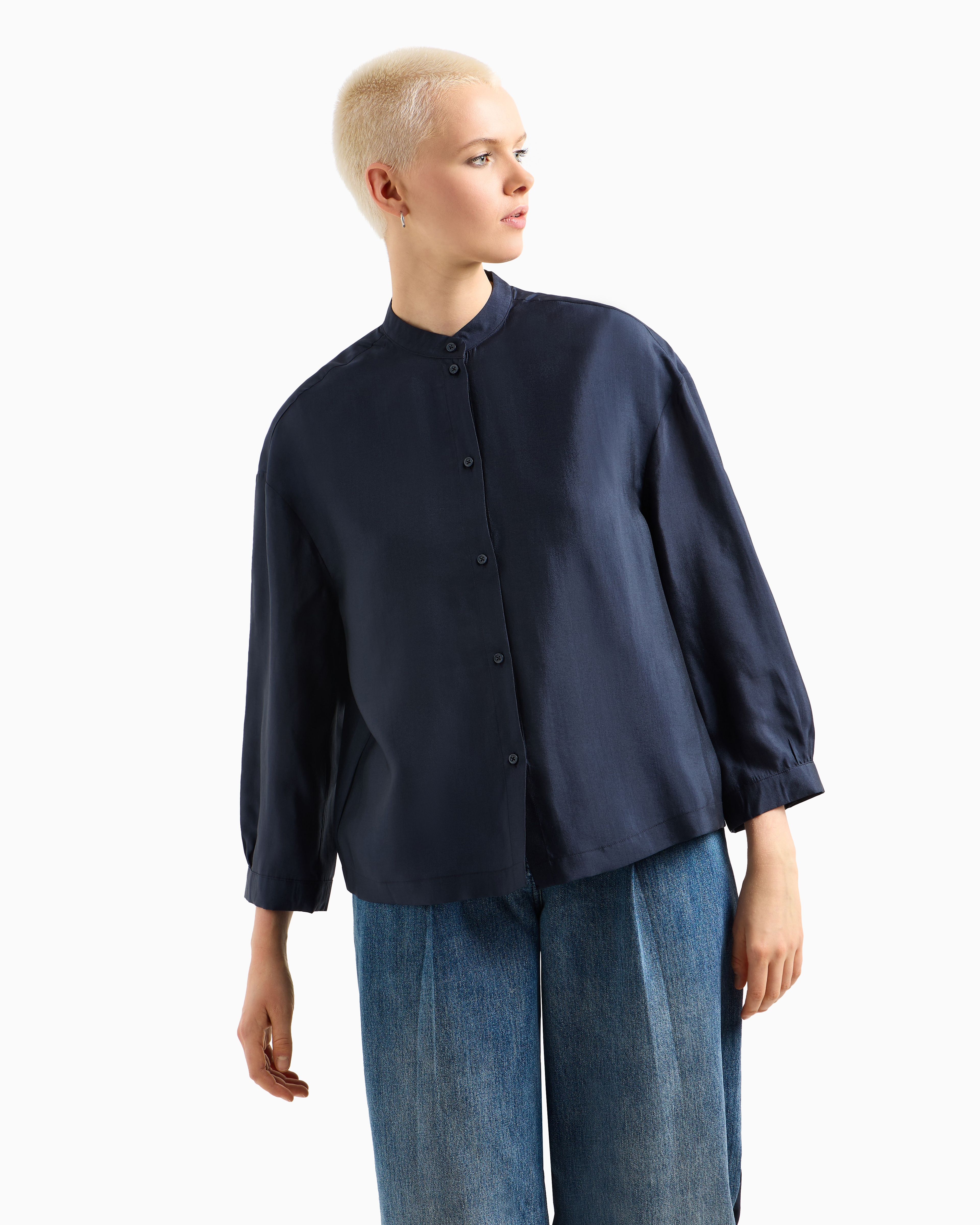 Armani Exchange - Oversized shirt fluid viscose, Woman, Navy Blue, Size:
