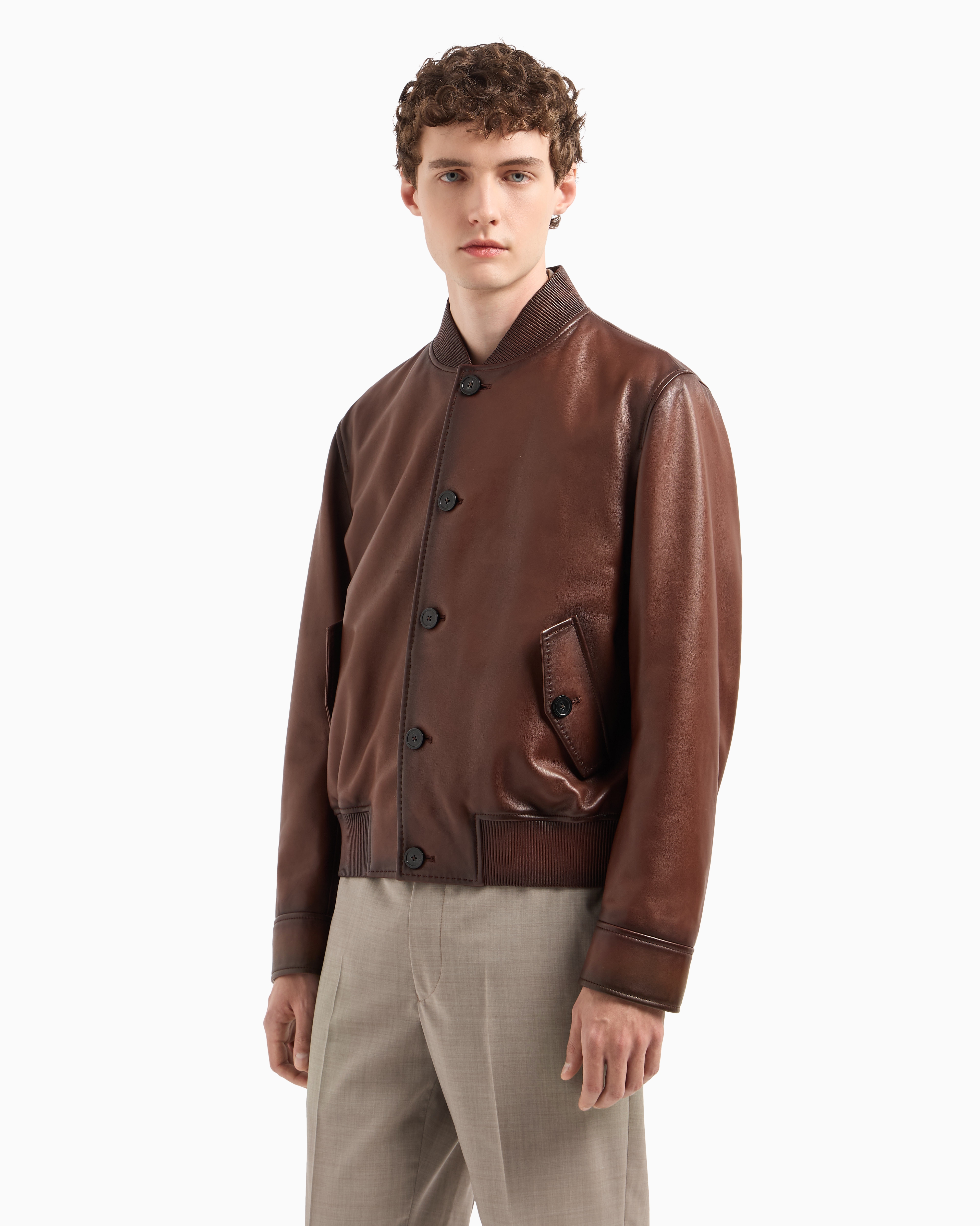 Emporio Armani Regular Fit Button Front Leather Bomber Jacket In Brown