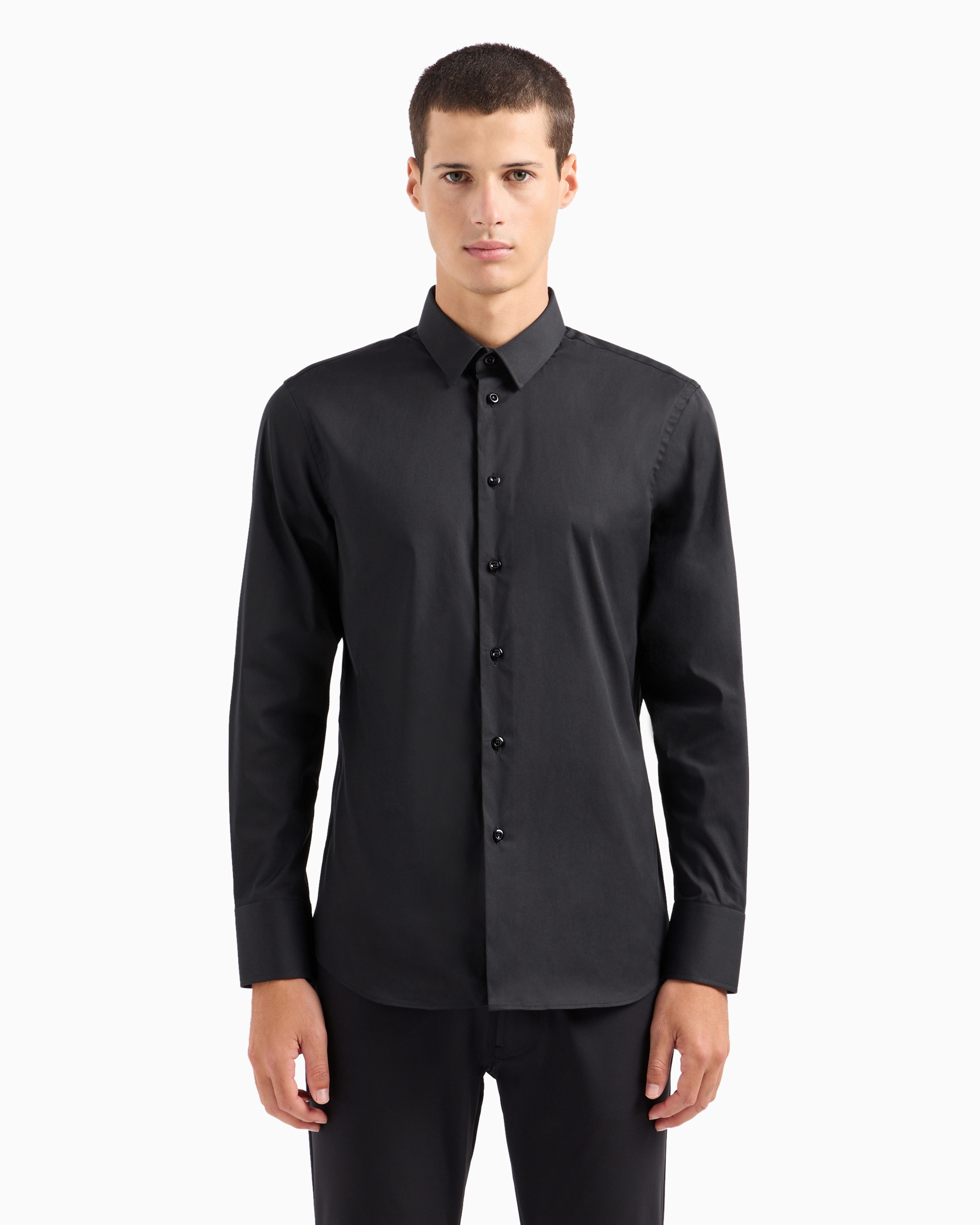 Emporio Armani Stretch Cotton Poplin Shirt In Schwarz