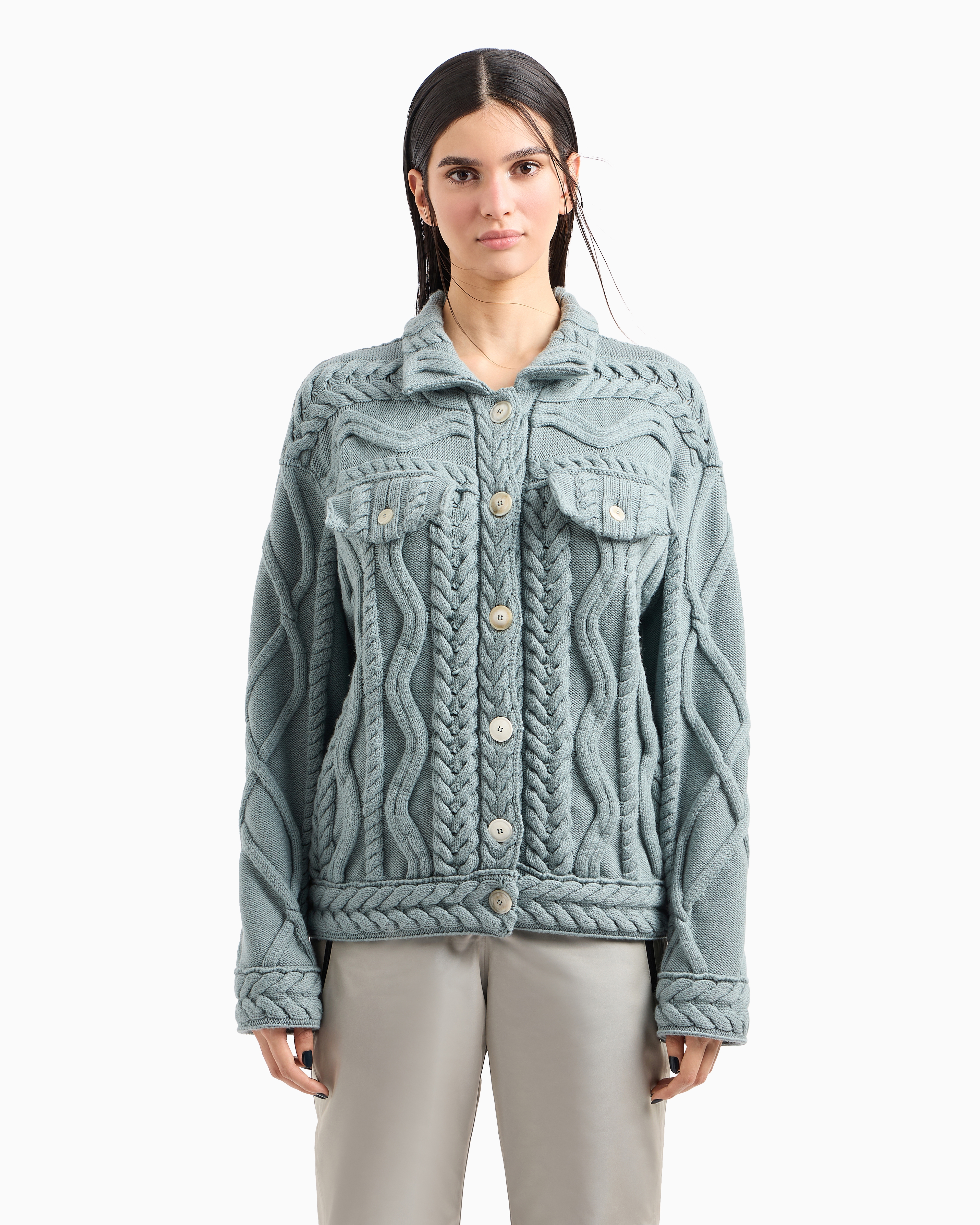 Giorgio Armani Neve Cable-knit Virgin Wool Cardigan In Green