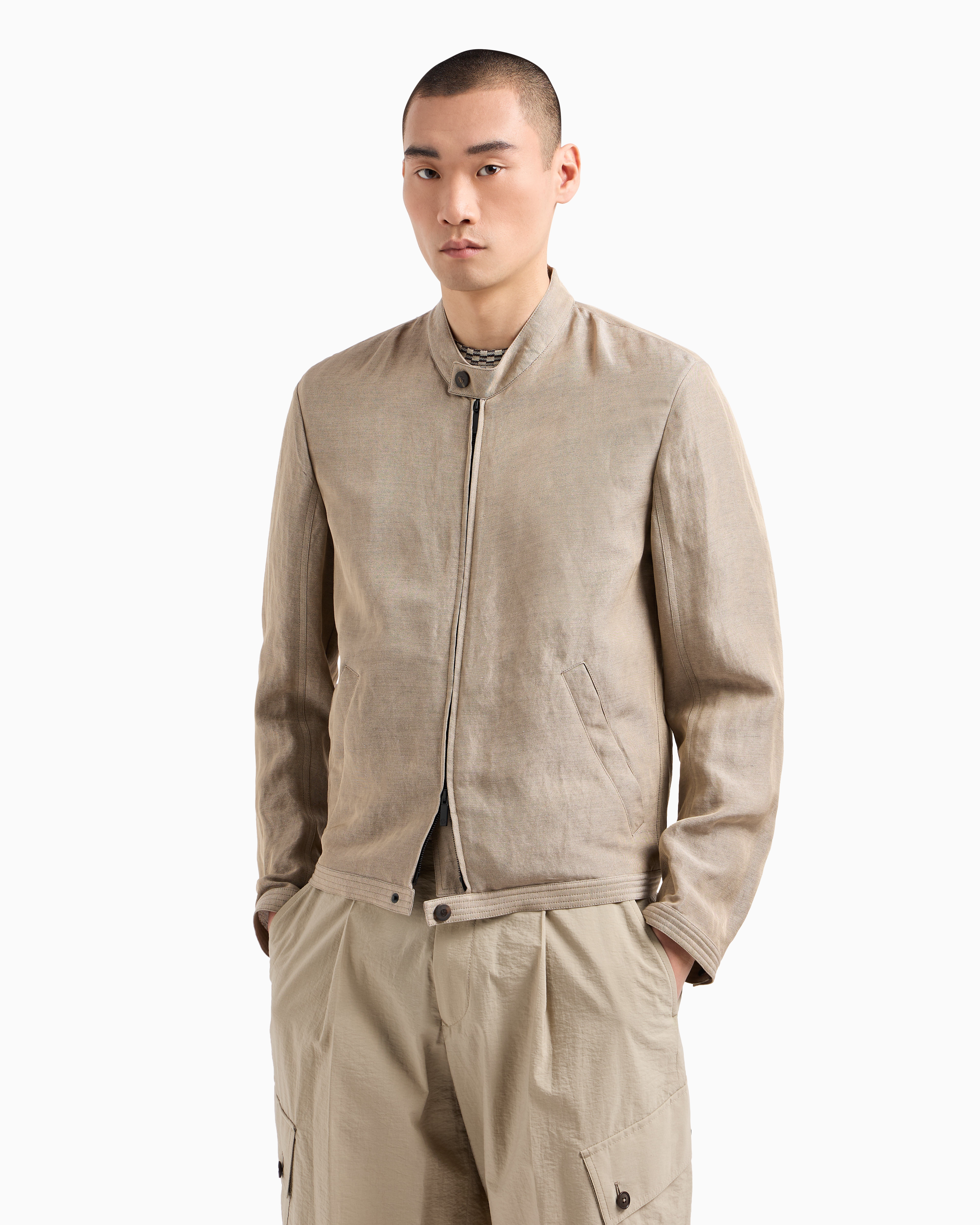 Giorgio Armani Blouson In Iridescent Linen And Viscose In Sand