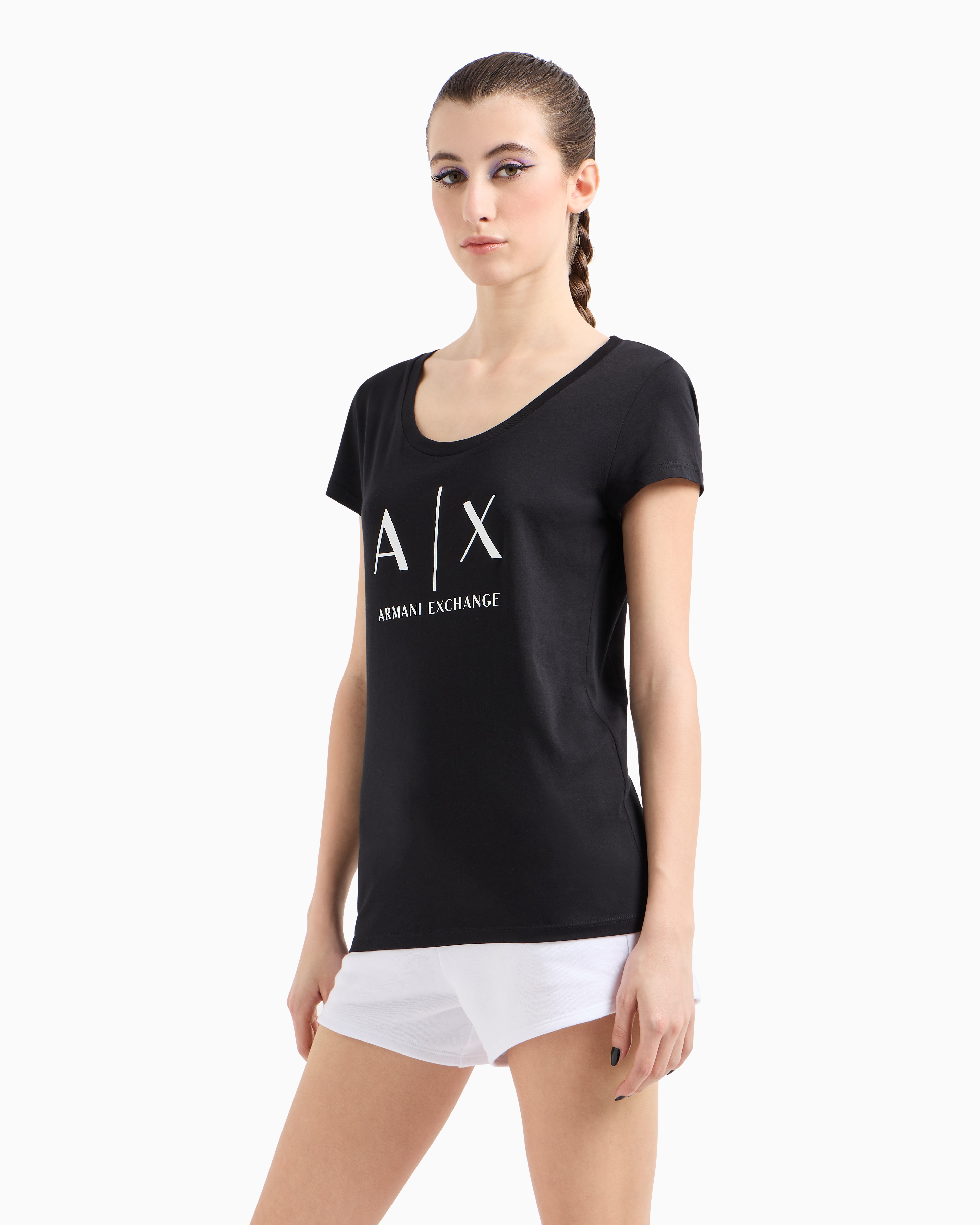 Armani Exchange - Pima Cotton Print Short T-Shirt, Woman, Black, Size: