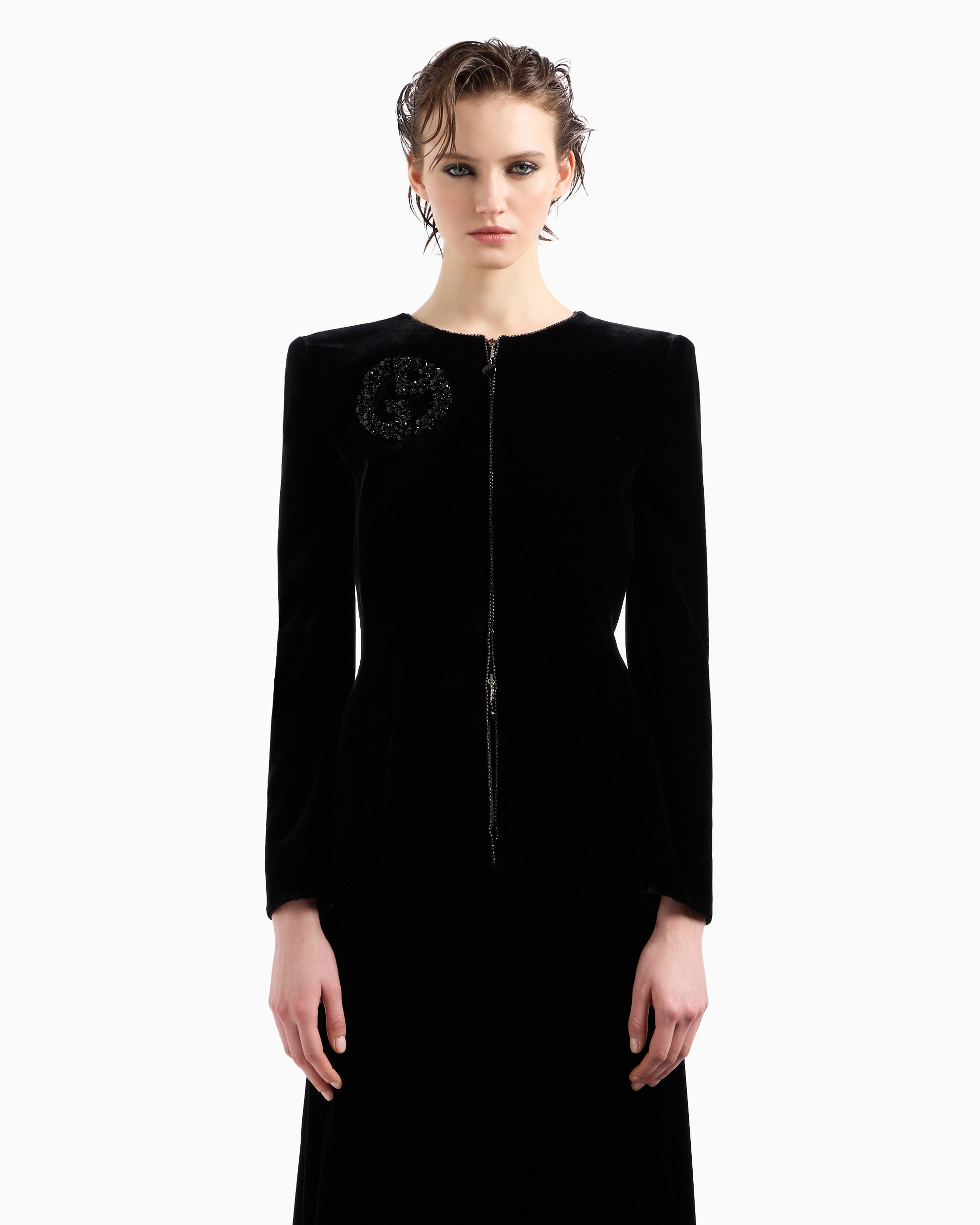 Giorgio Armani Velvet Zip-up Jacket With Bow Detail And Embroidery In Black