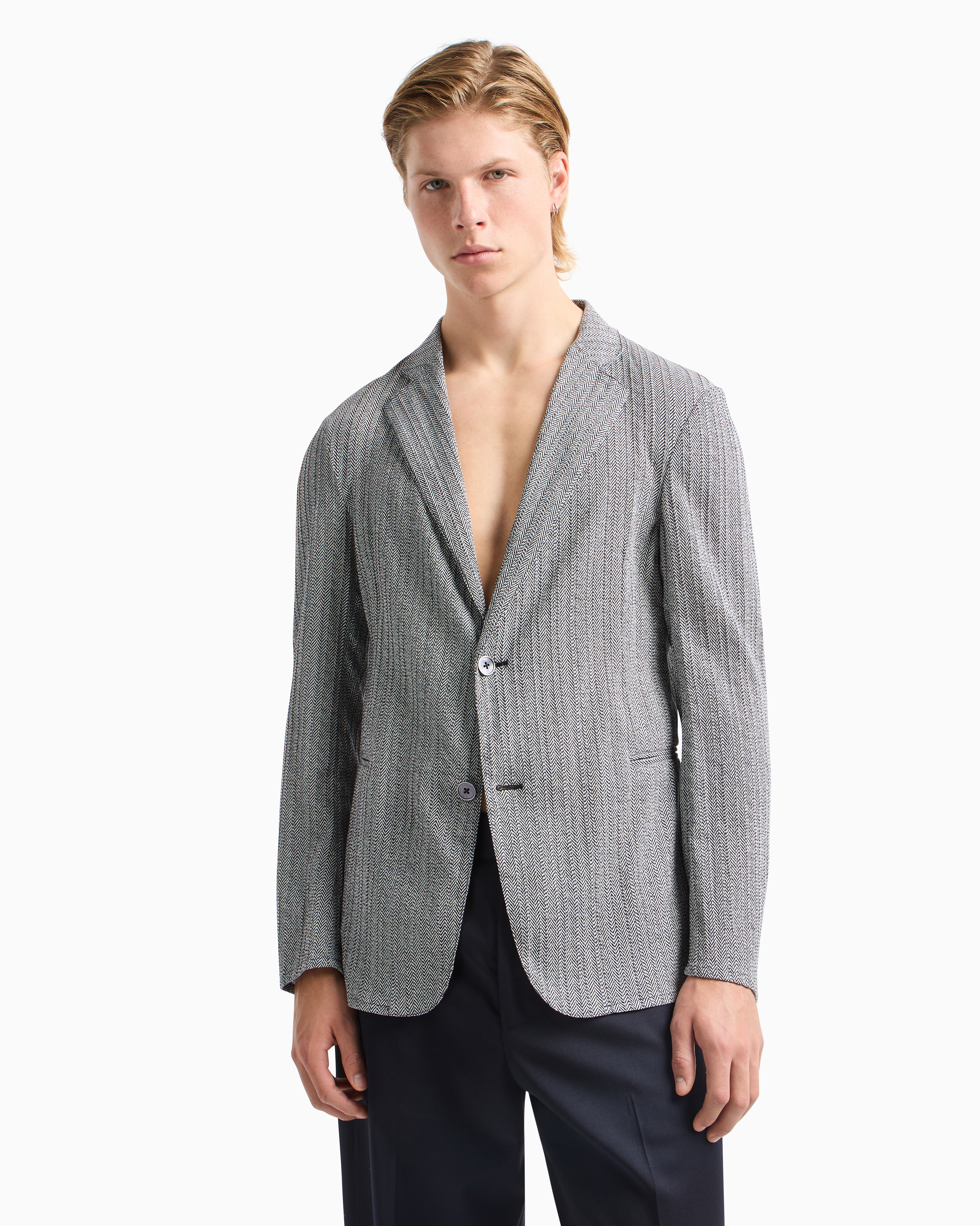 Emporio Armani Einreihiger Blazer Aus Seersucker-gewebe Mit Fischgrat-print In Grau