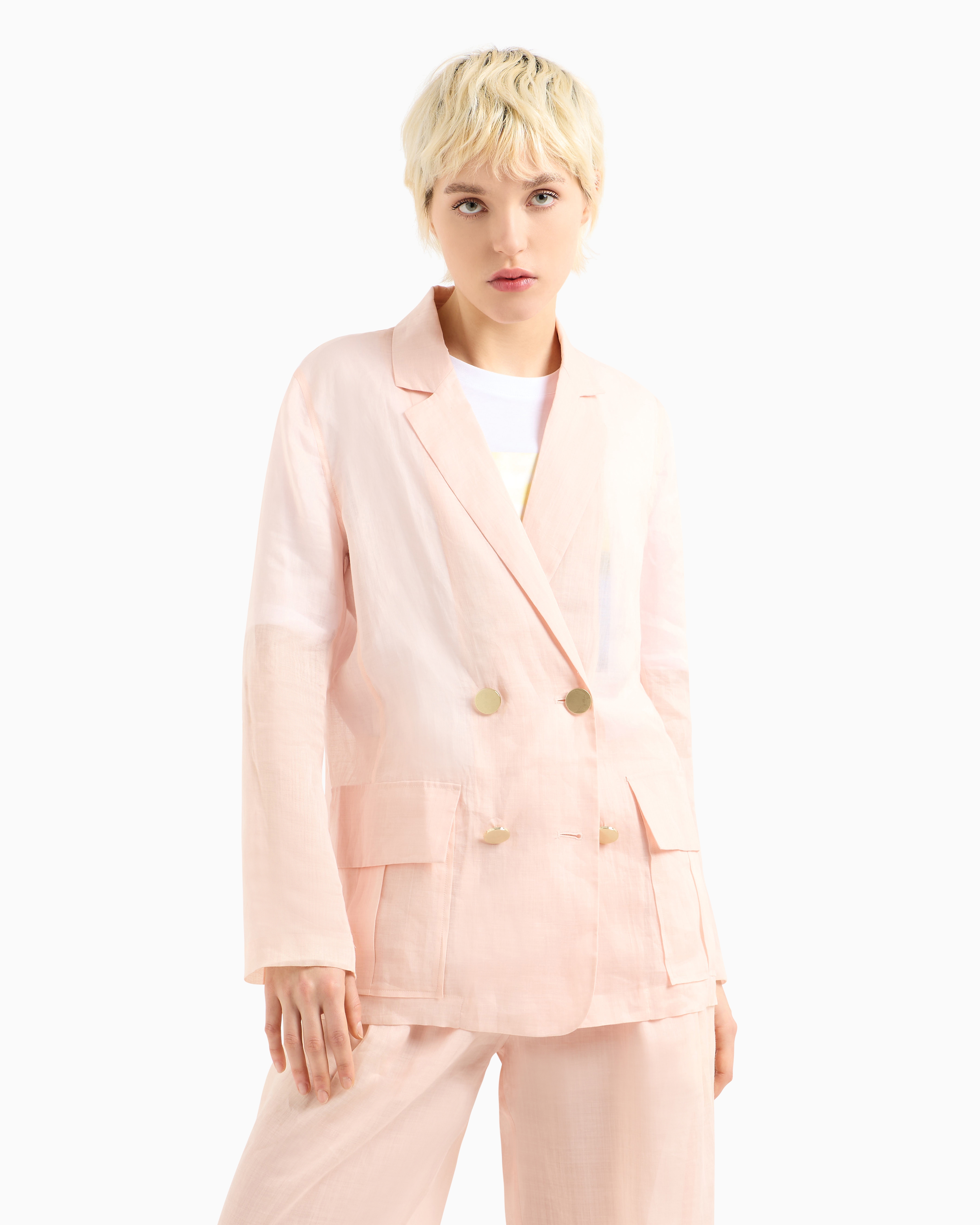 Armani Exchange - Double-breasted jacket in cotton ramie, Woman, Pink, Size: 4