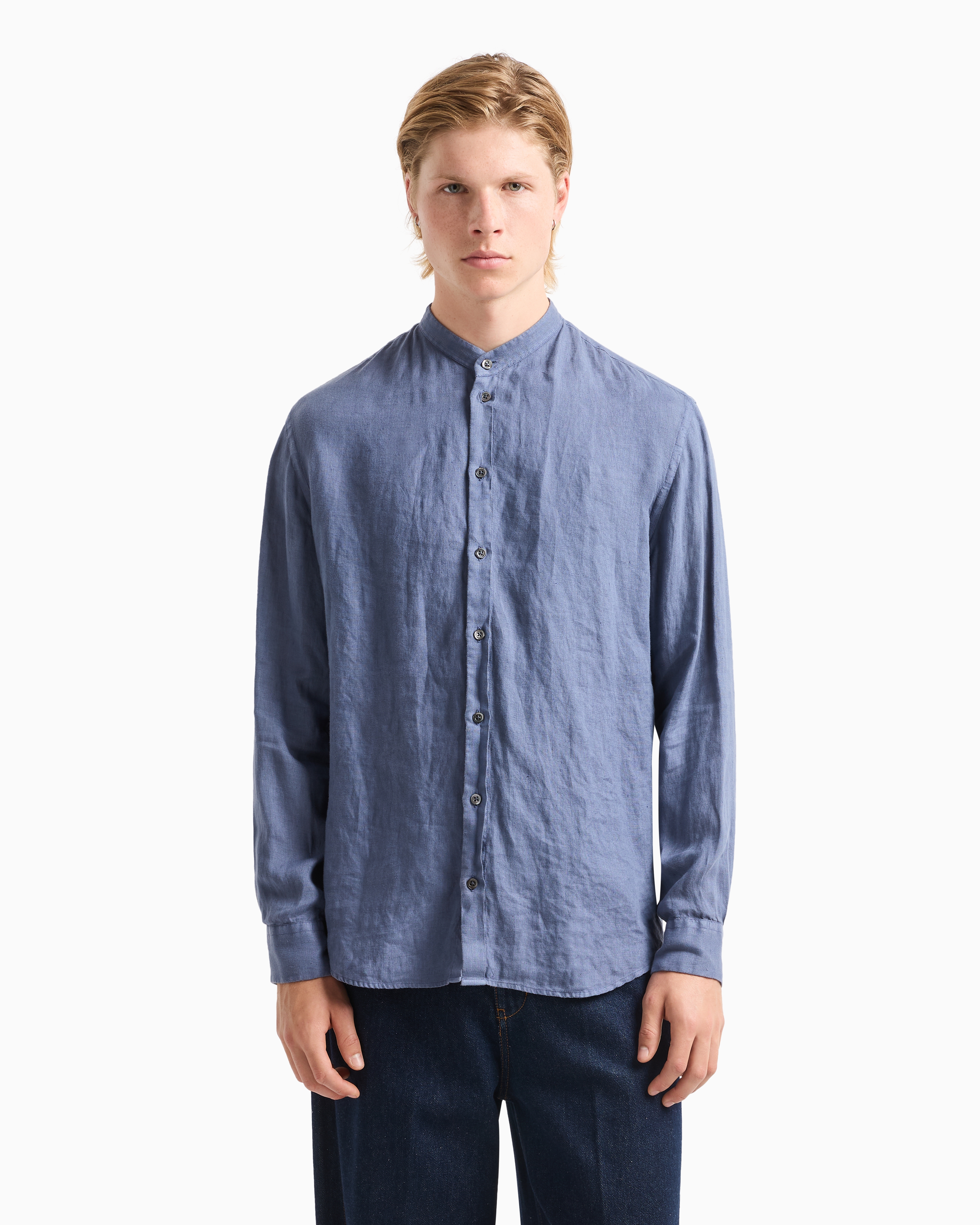 EMPORIO ARMANI GARMENT-DYED LINEN SHIRT WITH GURU COLLAR
