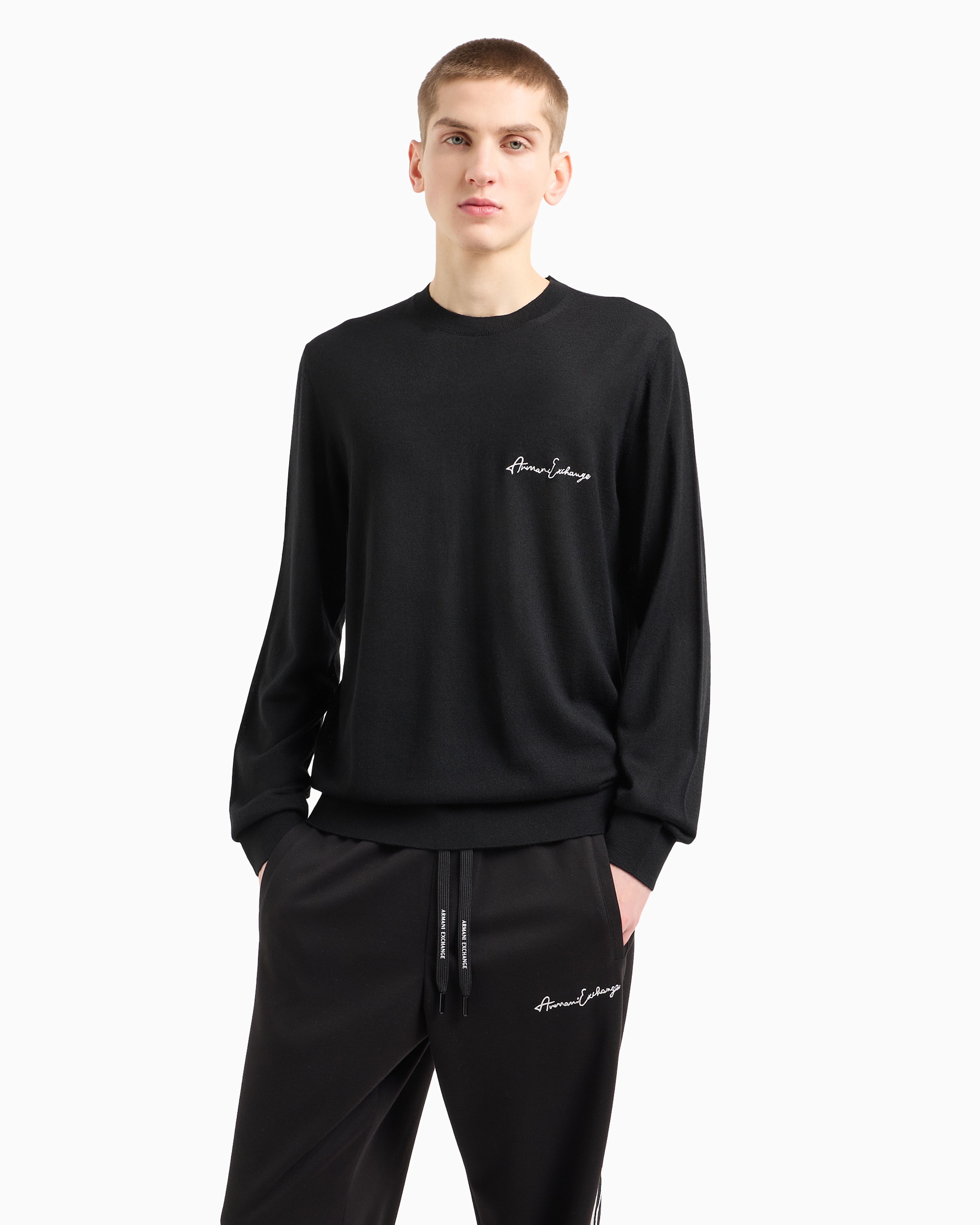 Armani Exchange - Wool blend crew neck sweater with chest logo, Man, Black, Size: