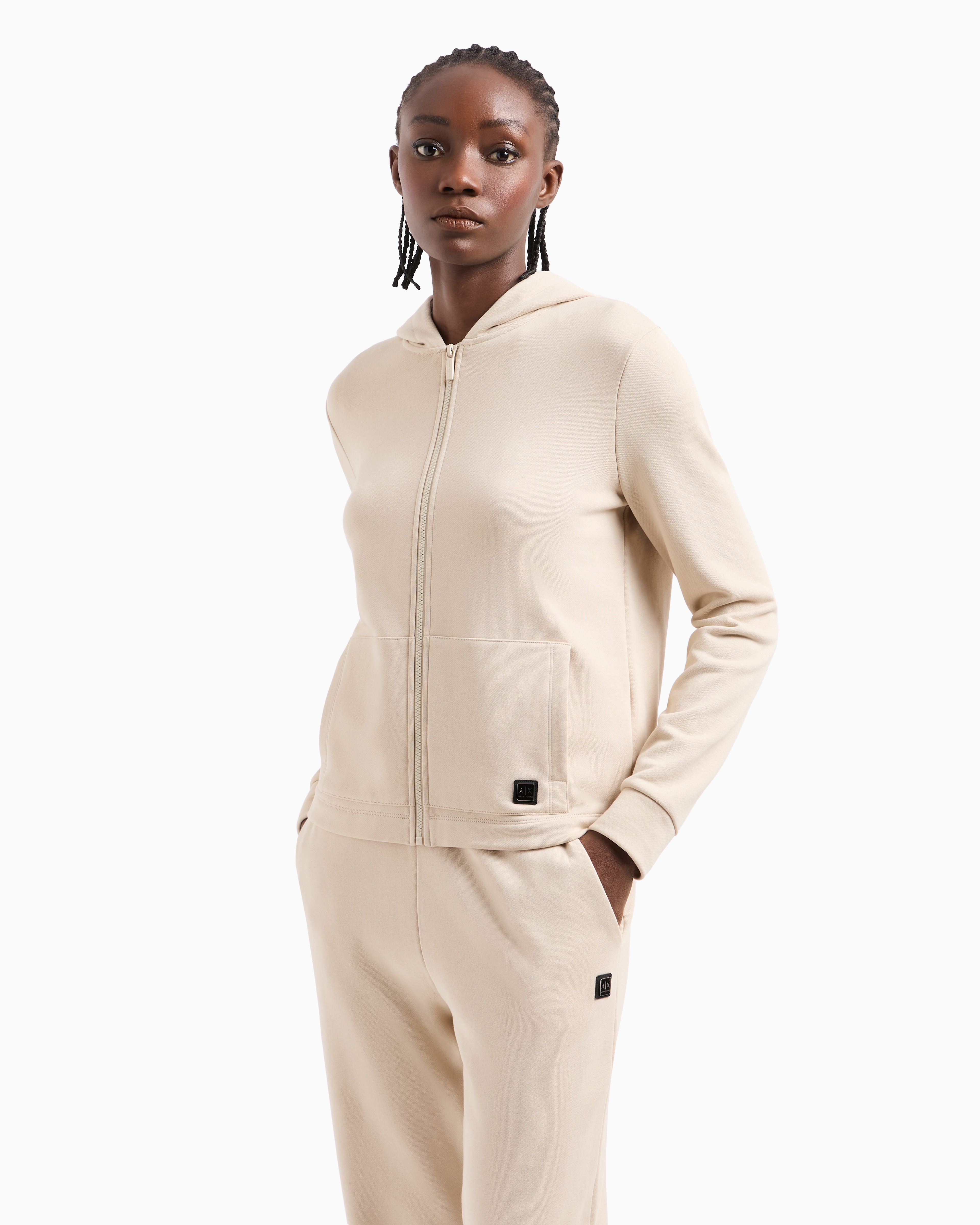 Armani Exchange - ASV Organic Cotton Blend Zip-Up Hoodie, Woman, Beige, Size: L