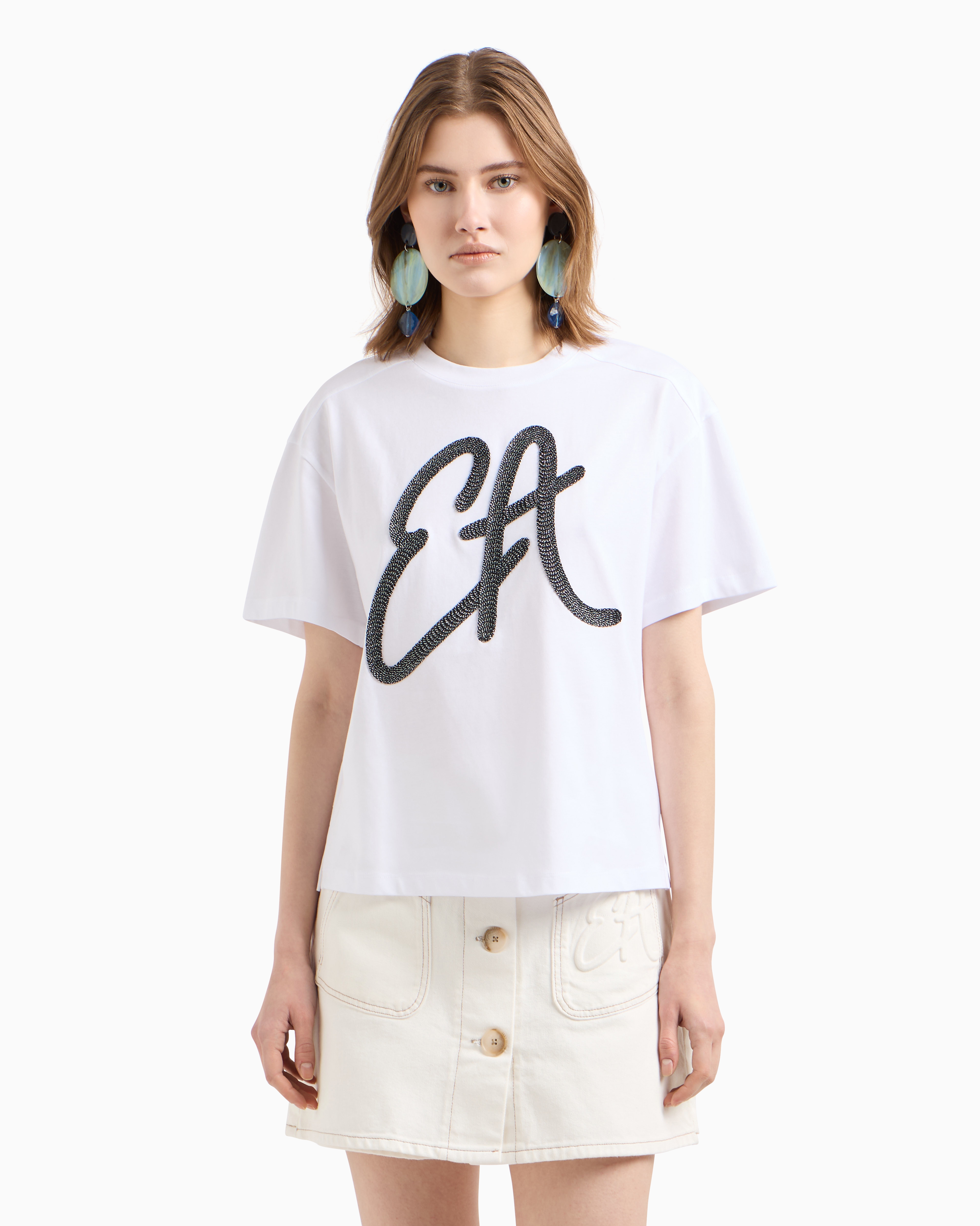 EMPORIO ARMANI EW001523AF12573U0002 関税送料込 Cotton-jersey T-shirt with oversized lurex logo | Emporio Armani