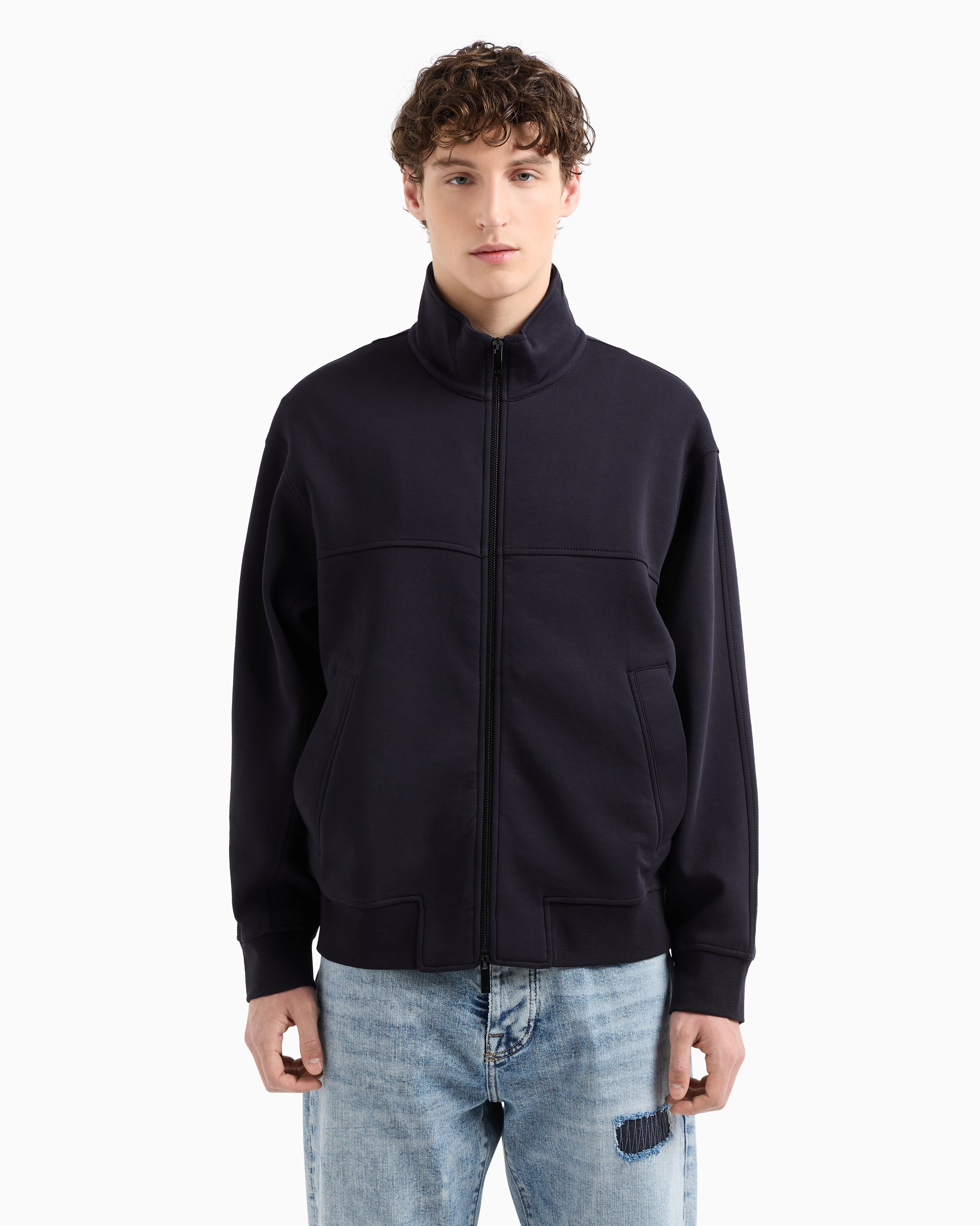 Armani Exchange - Full zip sweatshirt bonded cotton blend, Man, Navy Blue, Size: