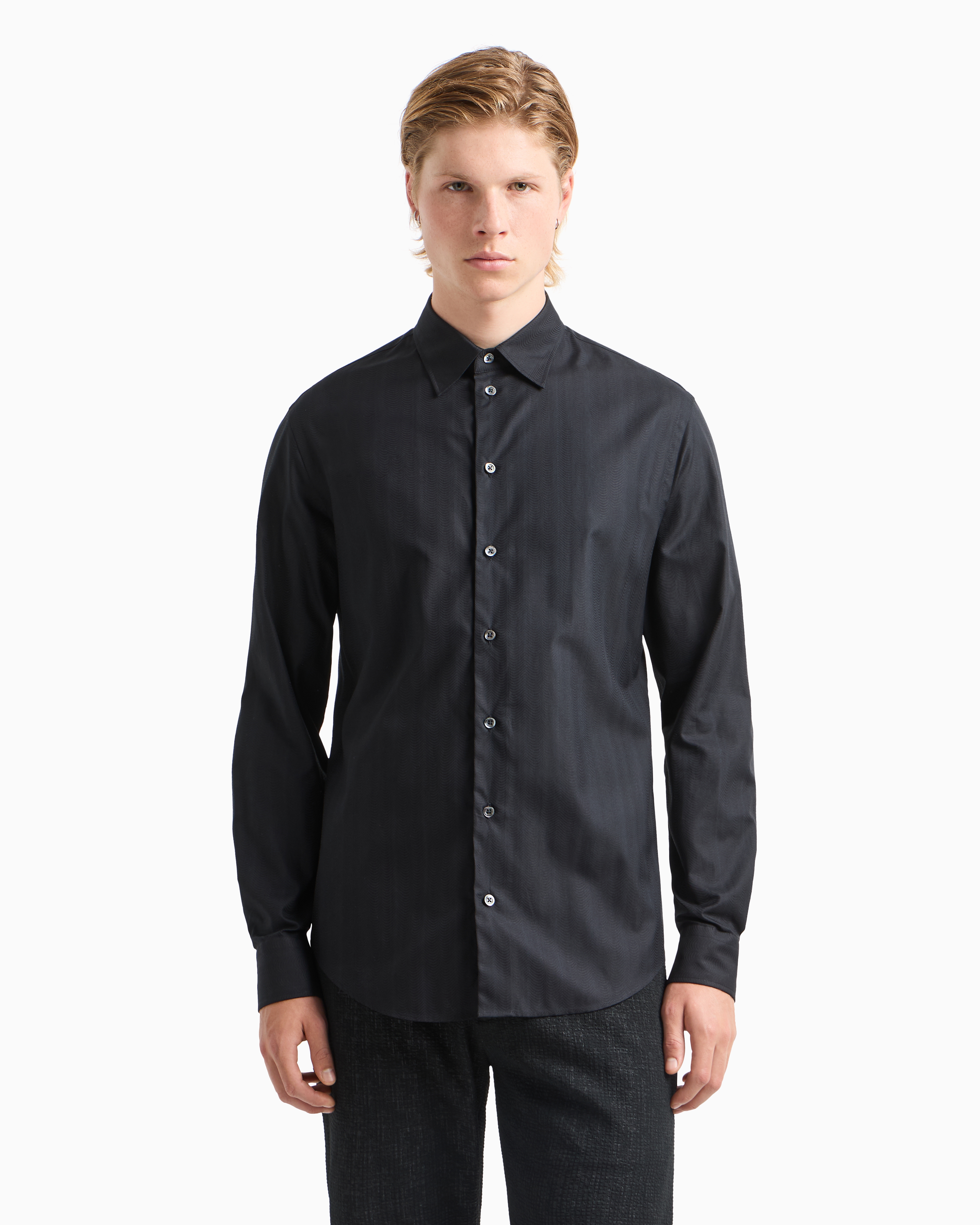 Emporio Armani Wave Motif Jacquard Cotton Shirt In Blue