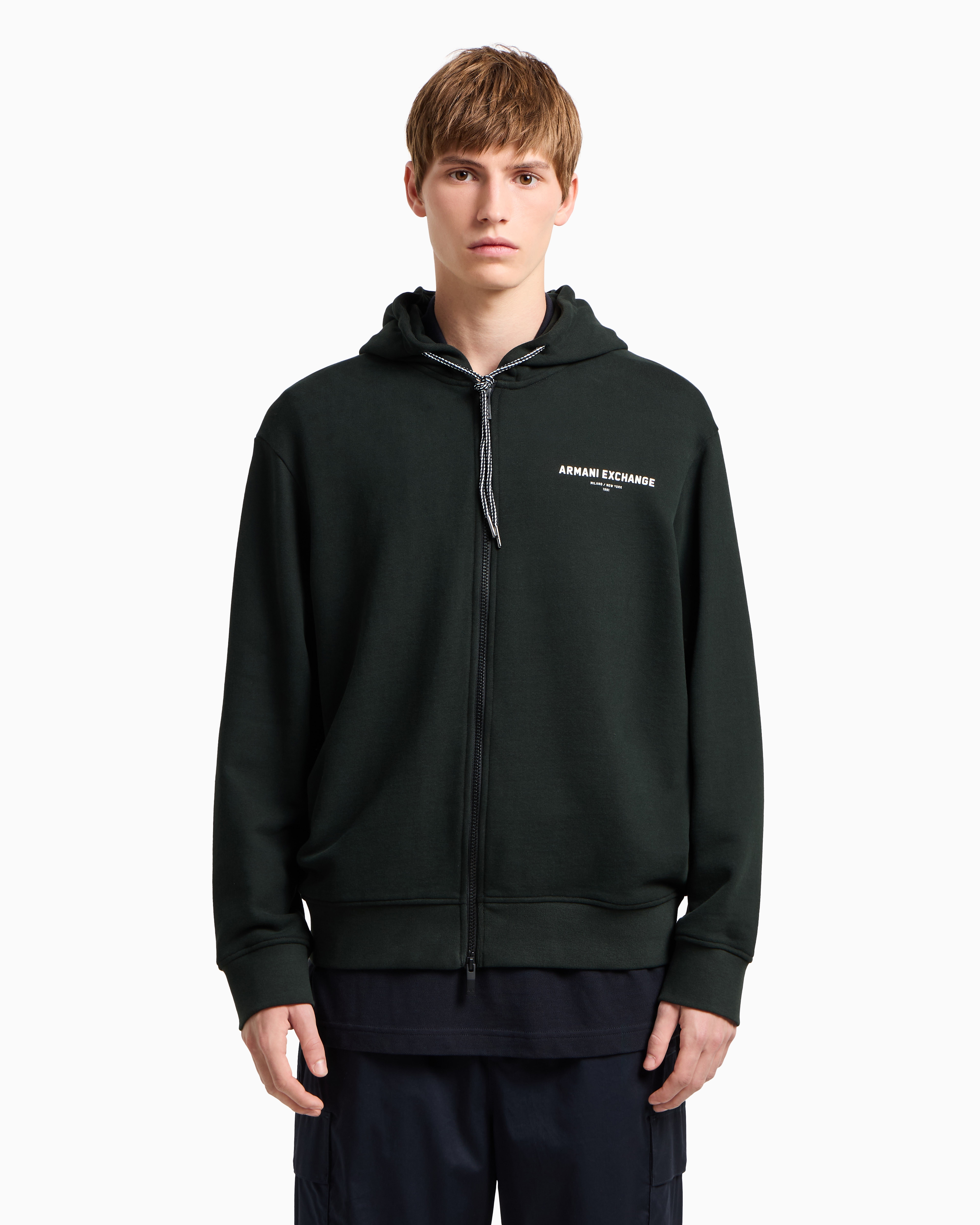 Armani Exchange - Zip-up hoodie with Milan/New York print on the back, Man, Green, Size: M