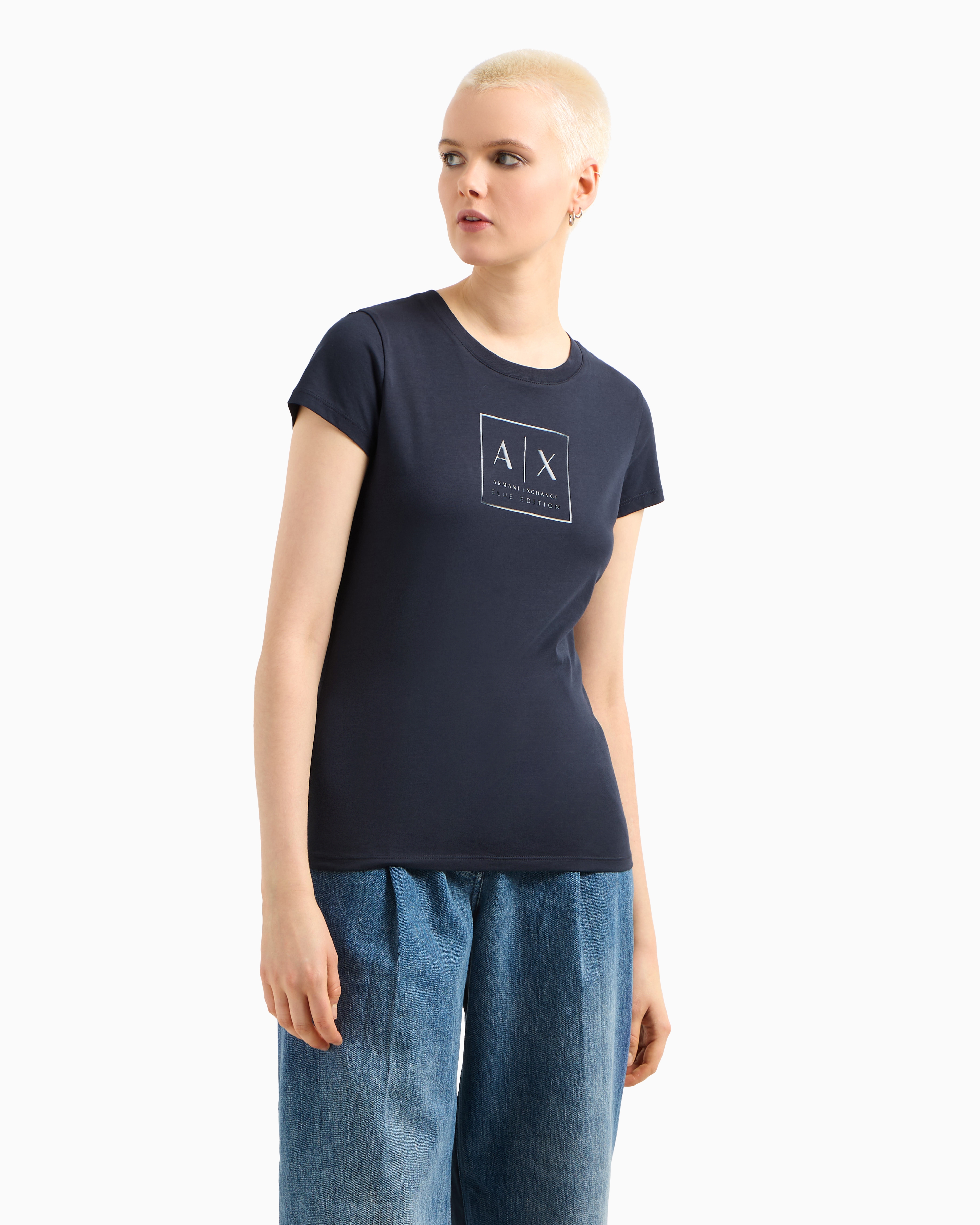 Armani Exchange -  Slim fit T-shirt with logo, Woman, Navy_blue, Size: