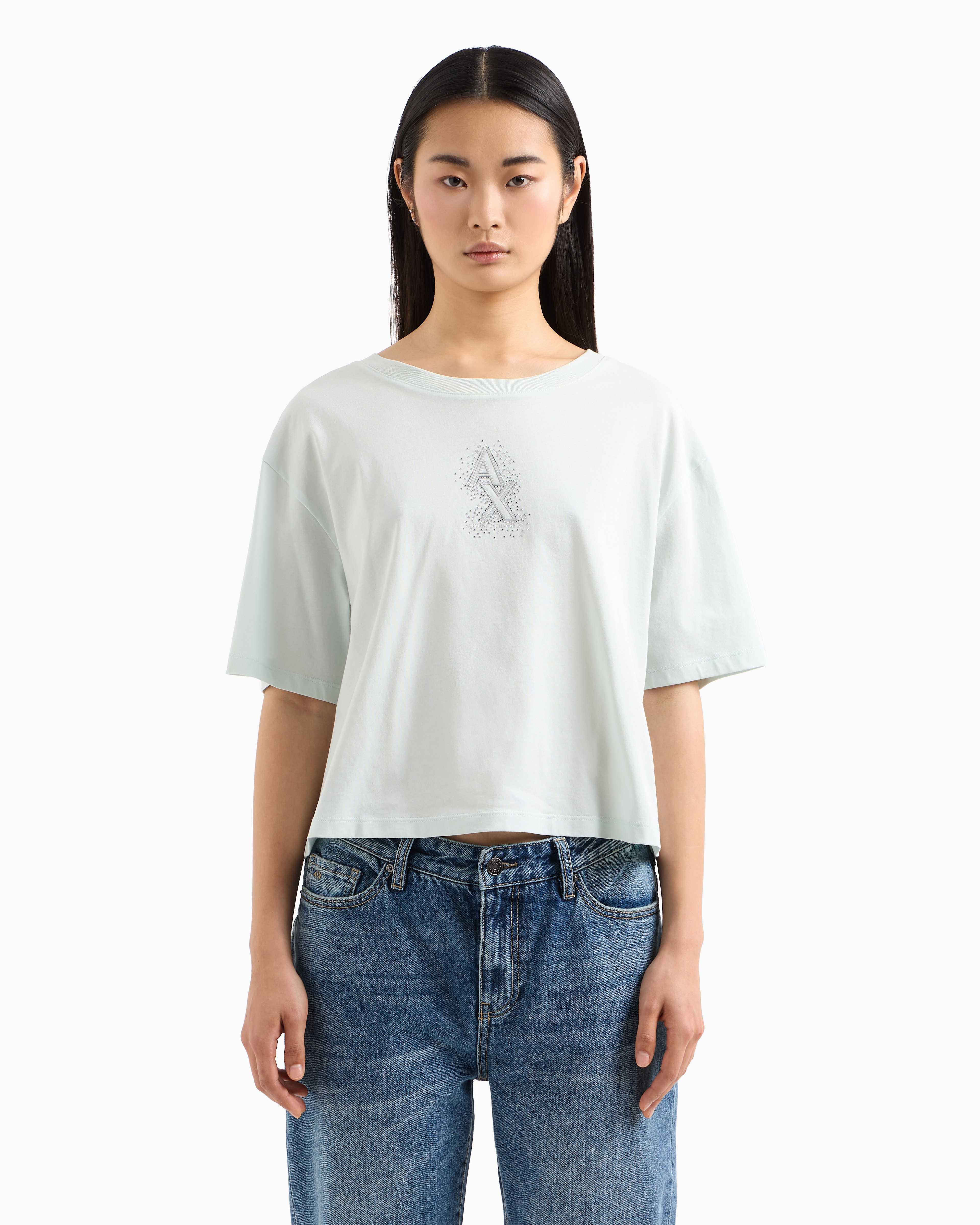 Armani Exchange - Cropped T-shirt with rhinestone logo, Woman, Light Blue, Size:
