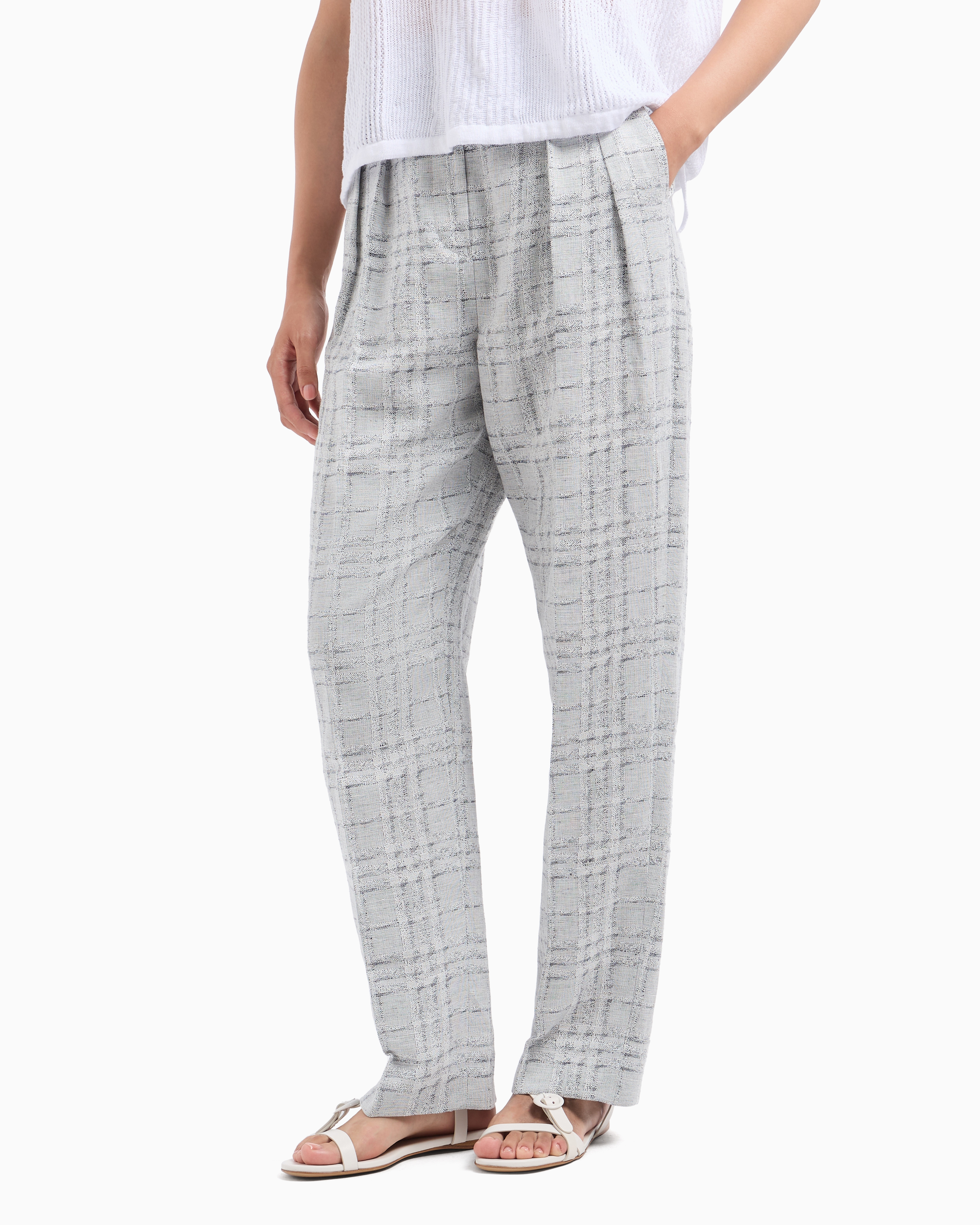 Emporio Armani Icon Check-motif Linen-blend Trousers With Pleats In Grey