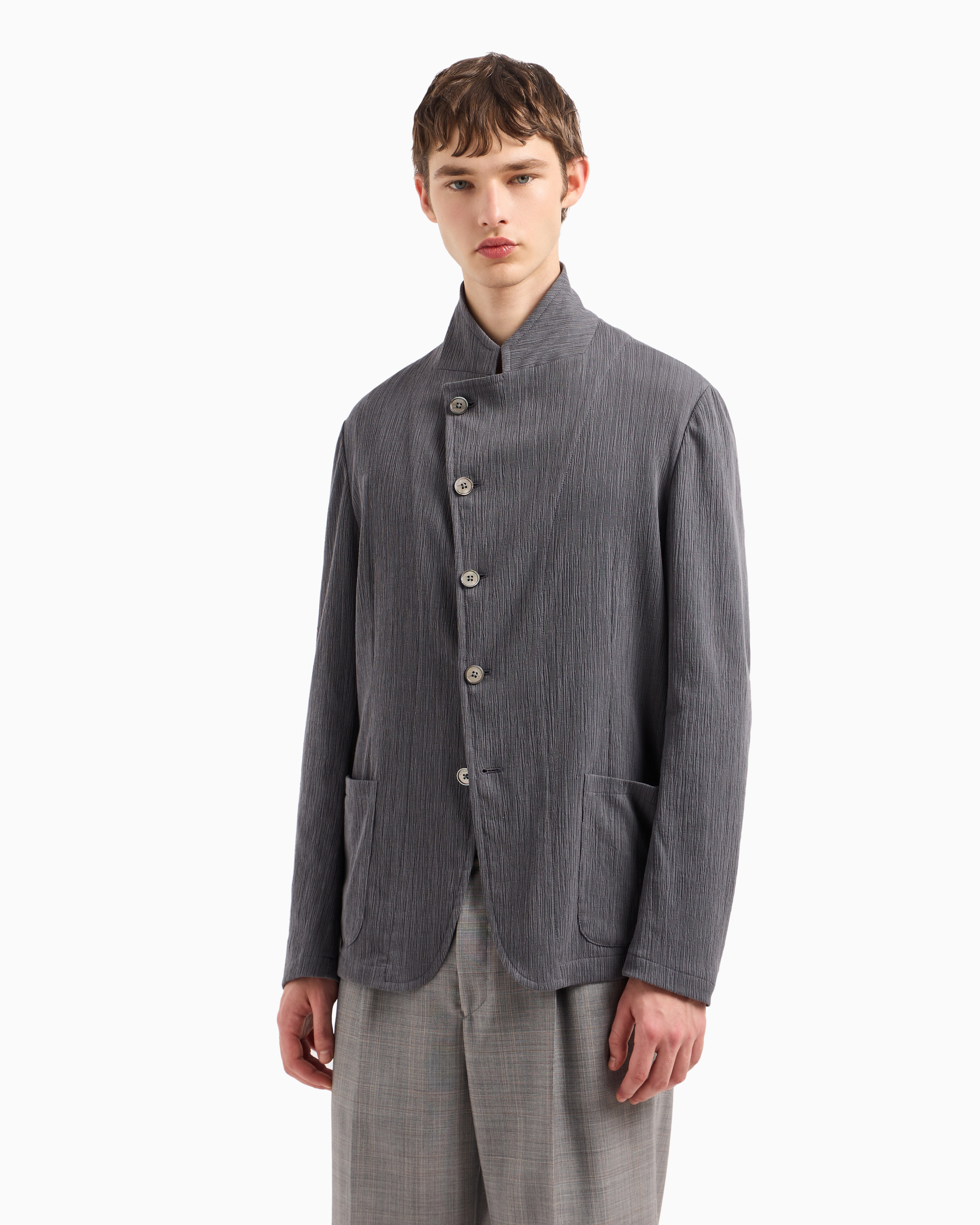 Emporio Armani Guru-collar Jacket With Off-centre Fastening In Bark-effect Armure Fabric In Gray