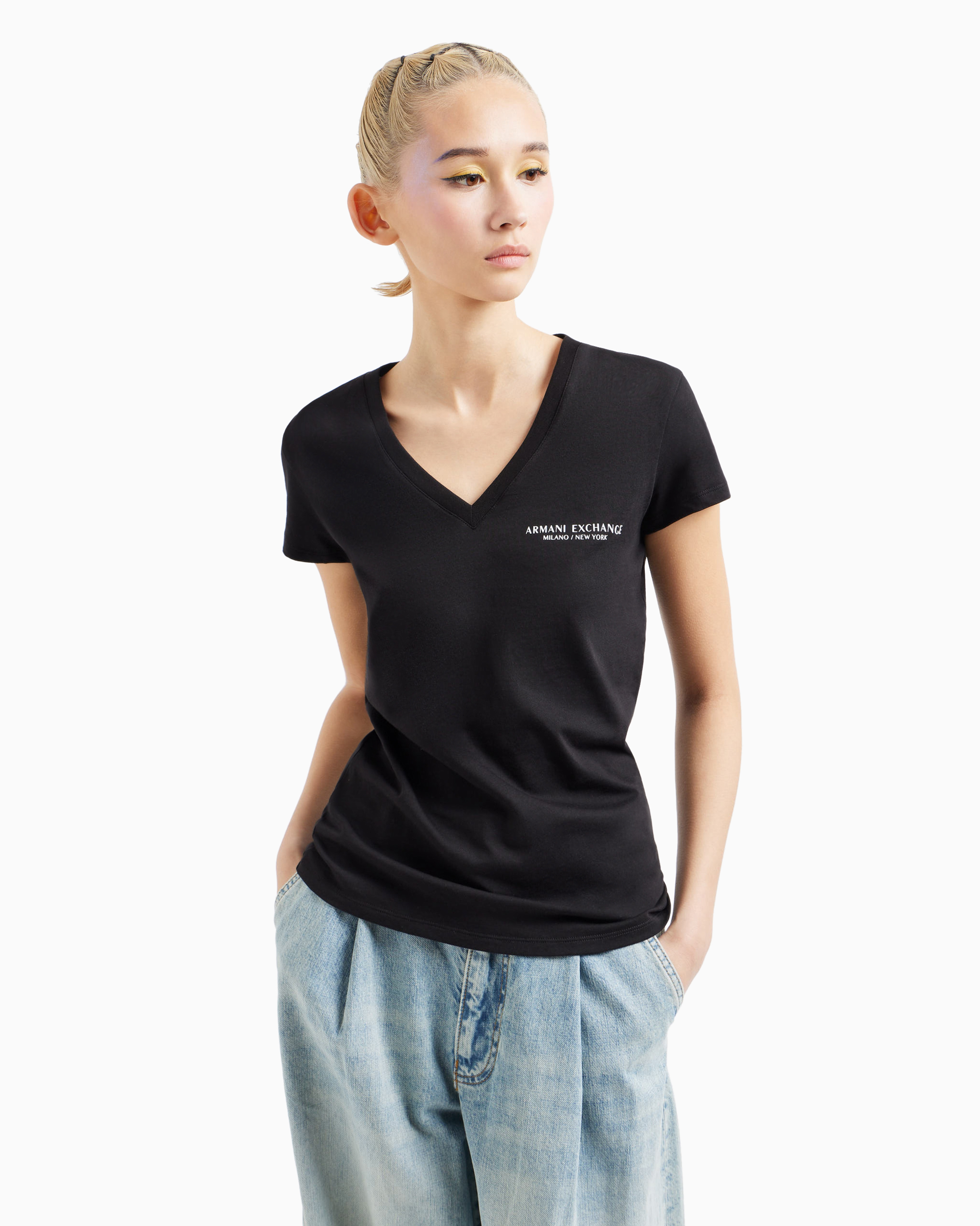 Armani Exchange - Slim-fit jersey T-shirt with V-neck, Woman, Black, Size: