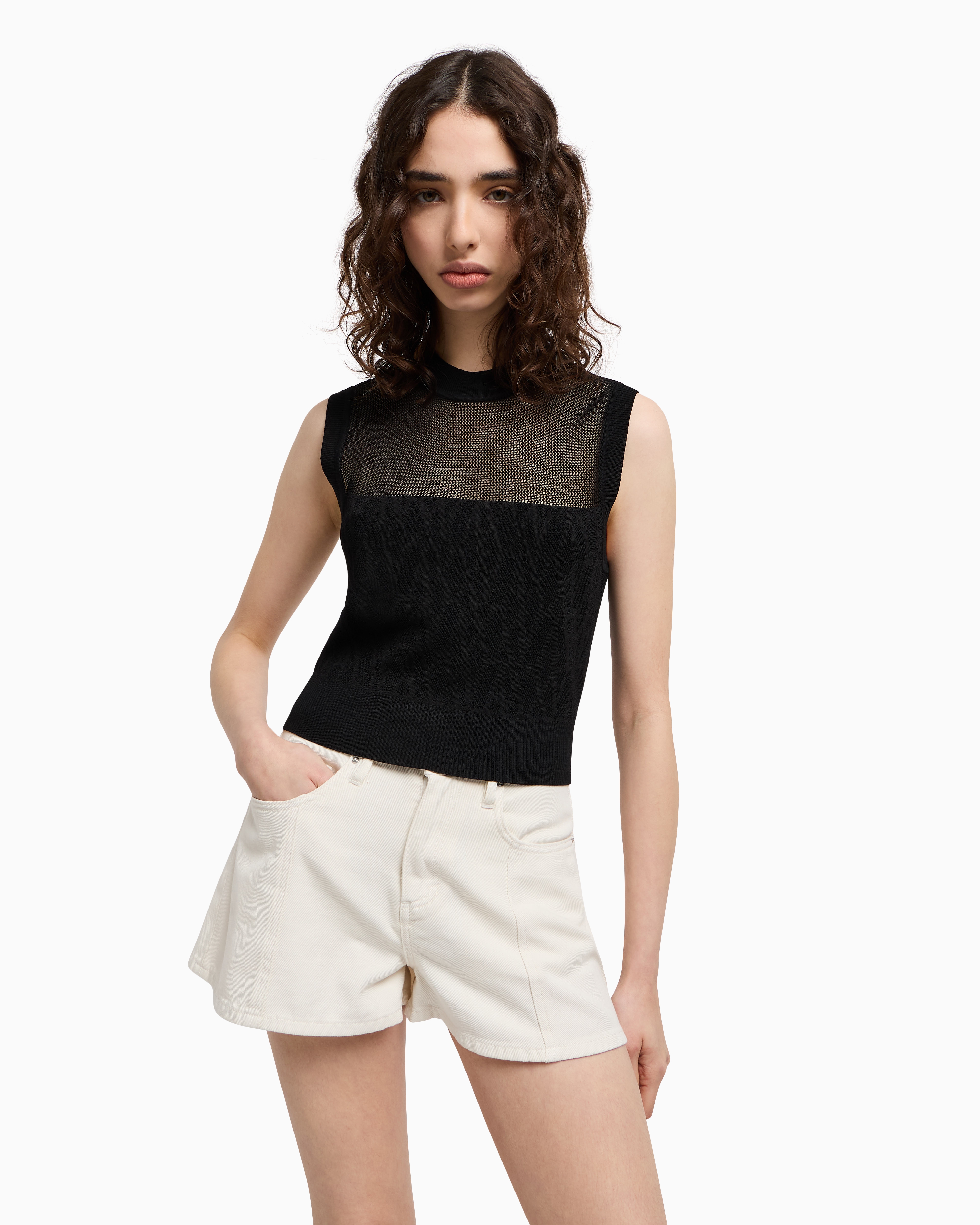 Armani Exchange - Openwork knit top, Woman, Black, Size: