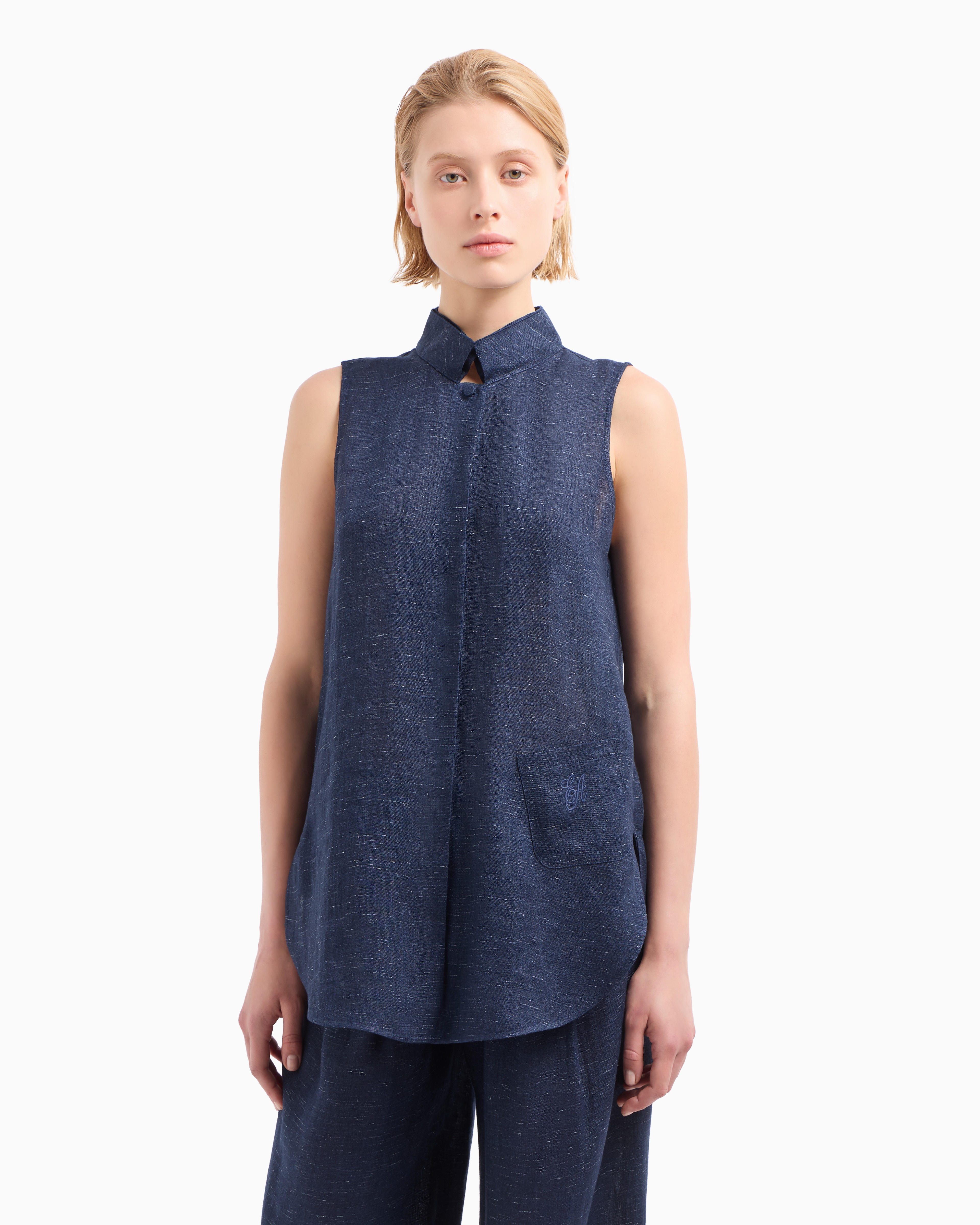 Emporio Armani Icon Linen-blend Chambray Oversized Top In Blue