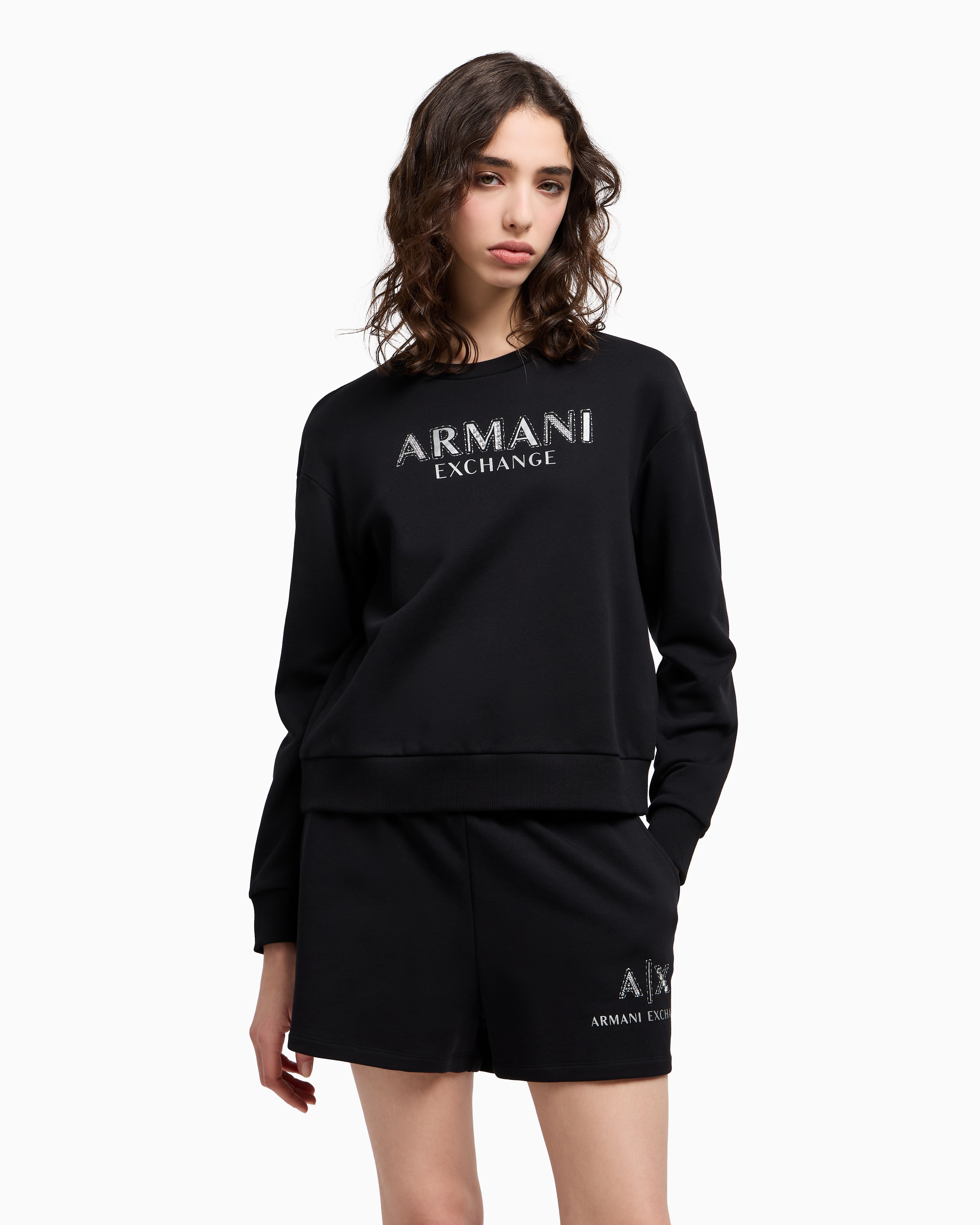 Armani Exchange - Crewneck sweatshirt with metal logo, Woman, Black, Size: