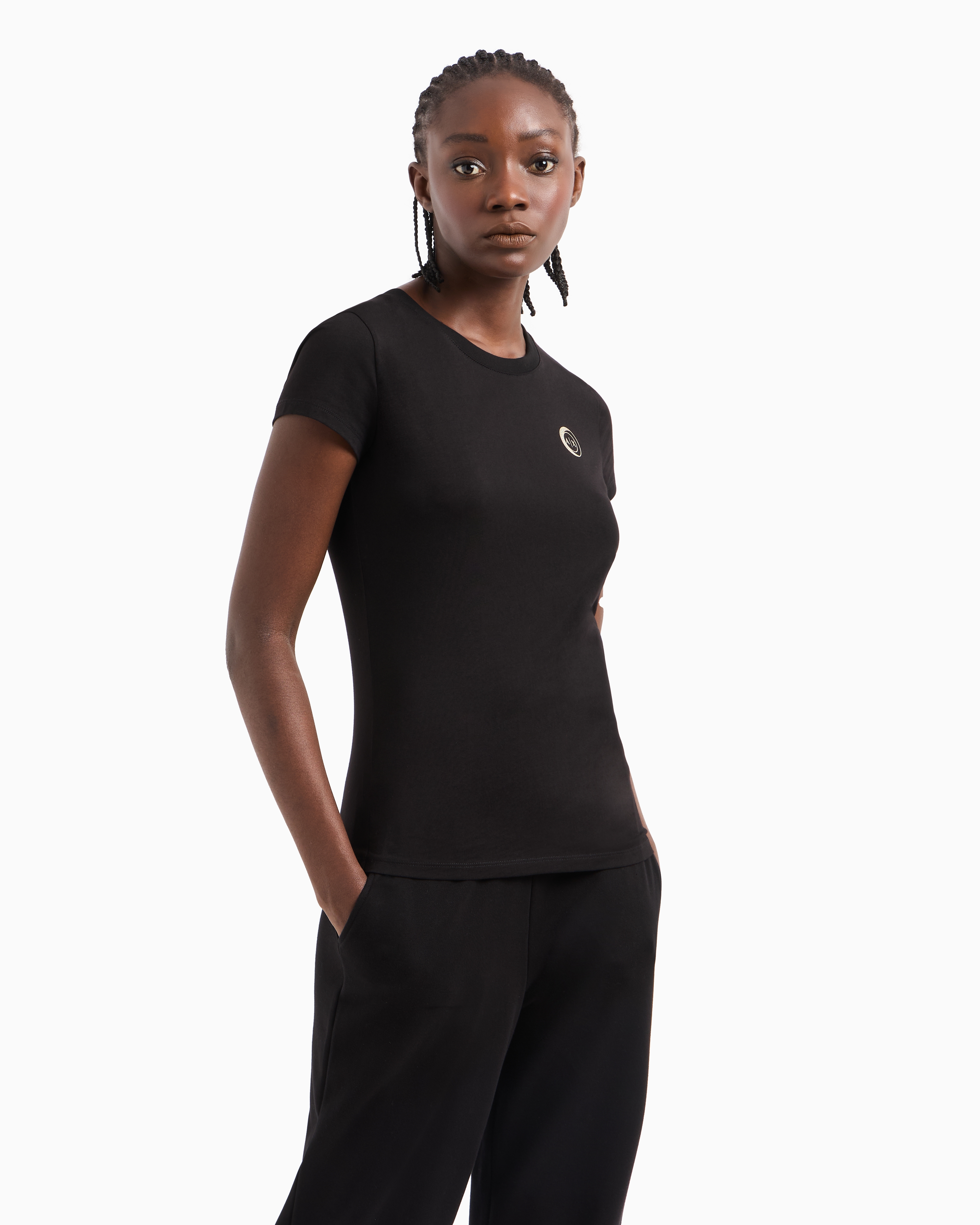 Armani Exchange - Jersey T-shirt with metal logo, Woman, Black, Size:
